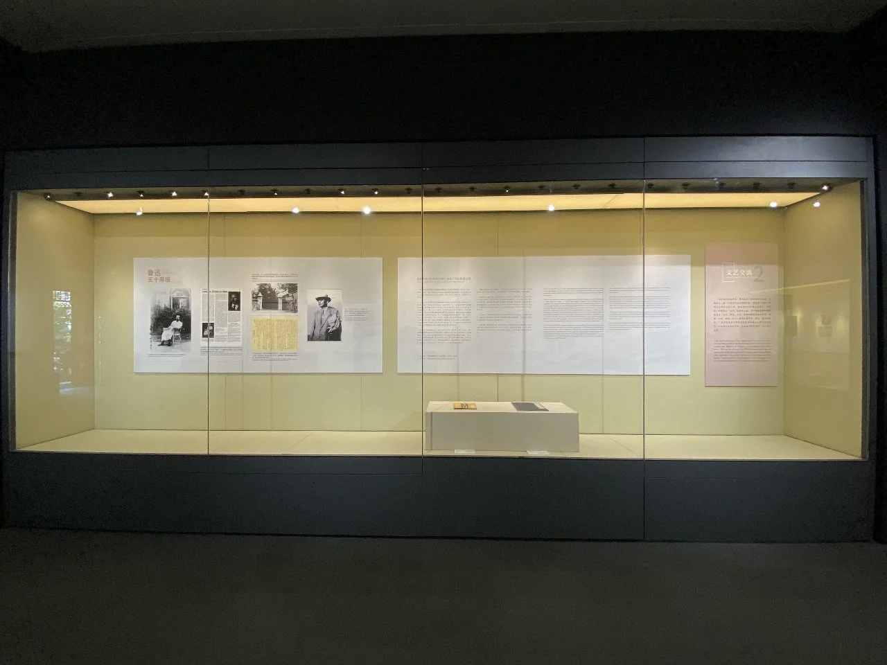 A museum display case with photographs and text panels inside, illuminated by overhead lighting.