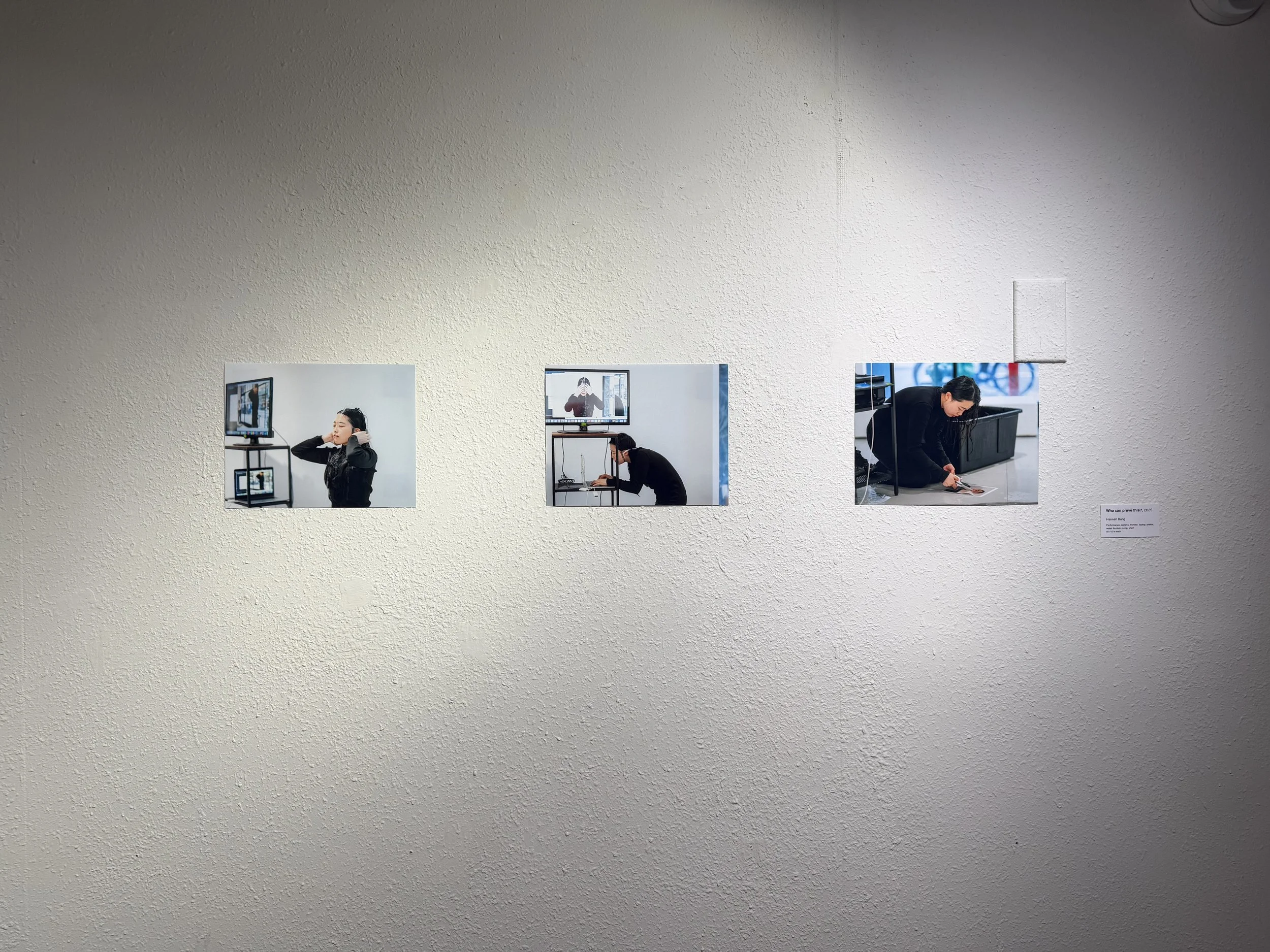 Three photographs of a woman in a black shirt and pants, demonstrating different poses and activities, on a white wall with a small label.