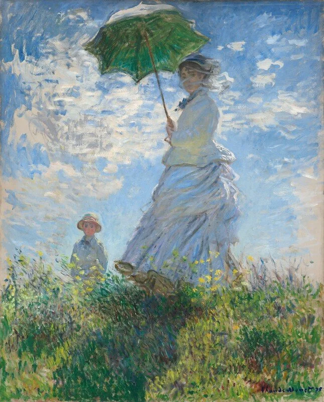 A woman in a white dress holding a green parasol and a girl in a hat standing in a grassy field under a bright, partly cloudy sky, painted with loose, impressionistic brushstrokes.