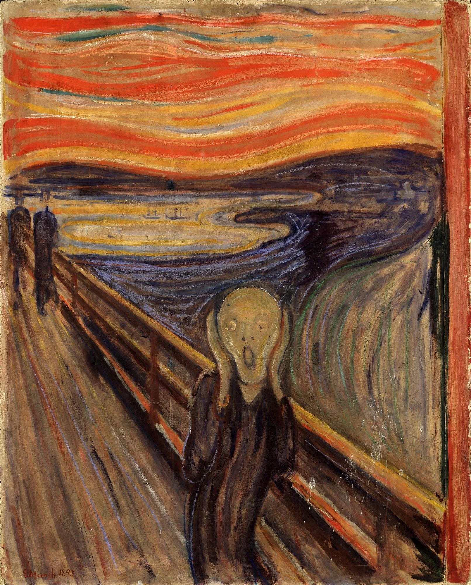 An abstract painting with bold swirling brushstrokes in warm colors like red, orange, yellow, and dark shades of purple and black. The composition features flowing lines and curved shapes, with a signature and date in the lower left corner reading "E. Munch 1893."