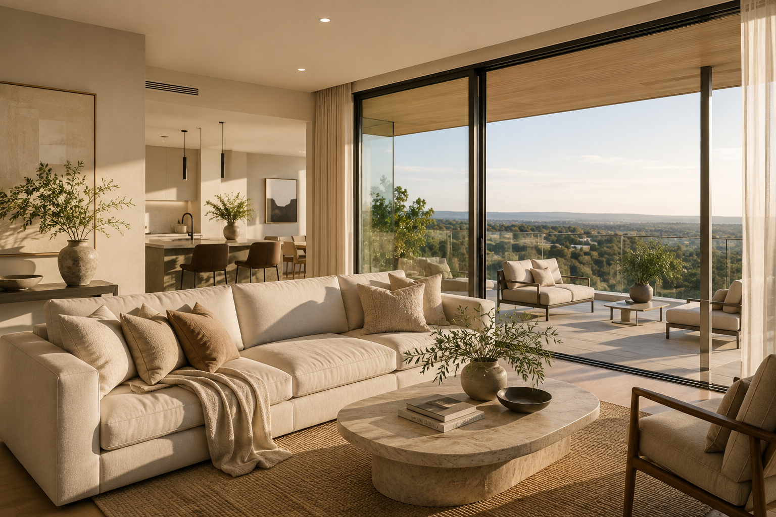 Interior of a modern living room with a cream sofa, beige pillows, and a round marble coffee table with books and plant. Large sliding glass doors open to a balcony with outdoor seating, overlooking a scenic landscape.