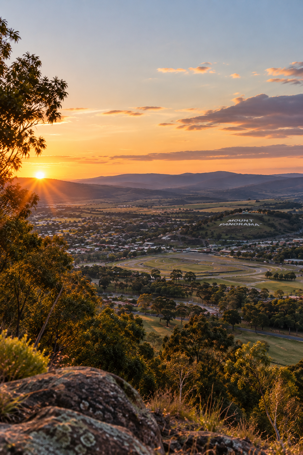 Sunset over a valley with a racetrack, trees, and rolling hills in the distance, including a hill with large white letters spelling 'Mount Panorama'.