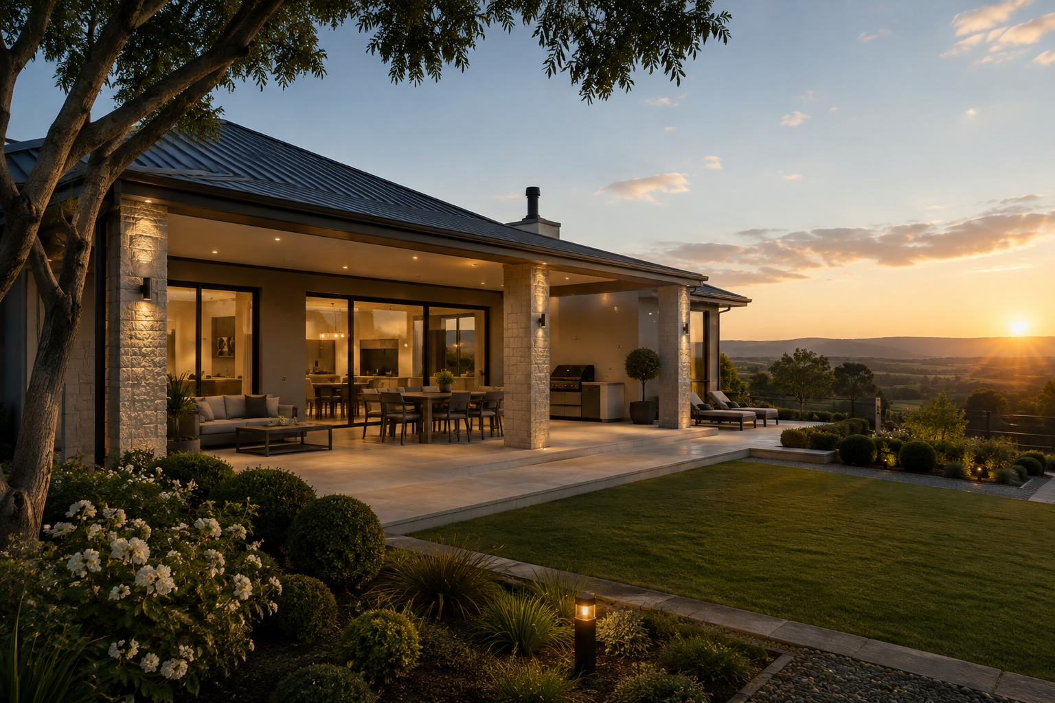 Modern house with outdoor patio seating, grill, and lounge chairs, set in a landscaped yard during sunset.