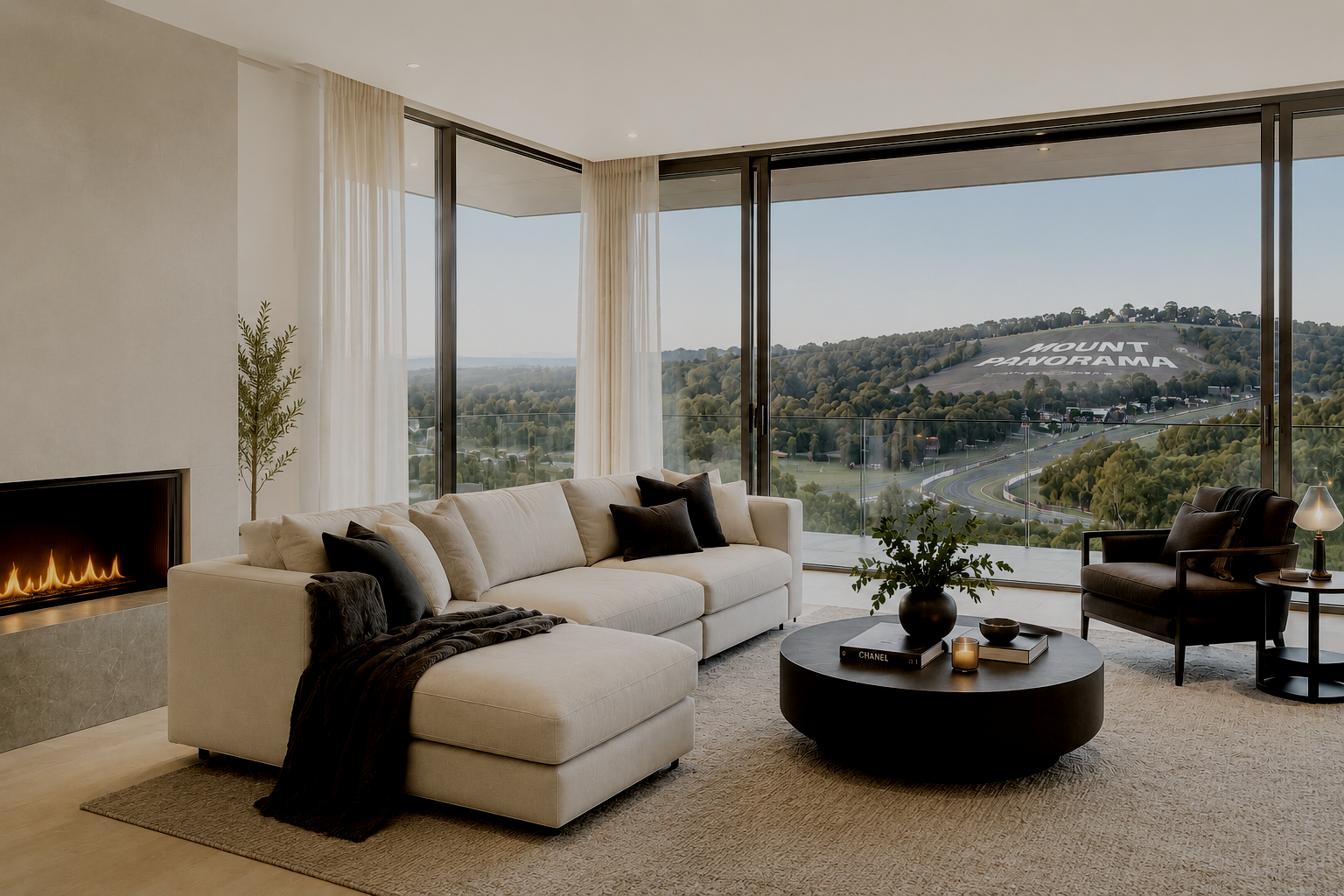 Modern living room with beige sofa, black armchair, fireplace, glass balcony with scenic hillside view, large sign on hill saying 'Mount Pajorama', minimalist decor, plants, coffee table with books and candles.