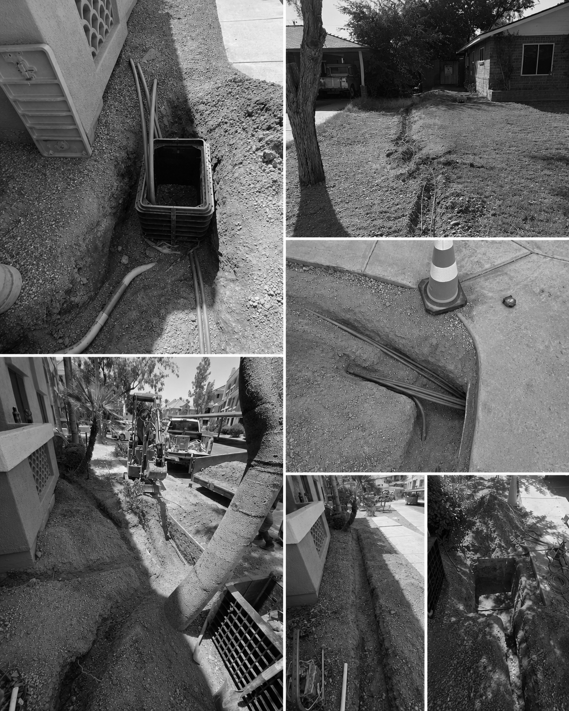 Construction site showing excavation and installation of underground utility lines for a sidewalk repair project in a residential area.