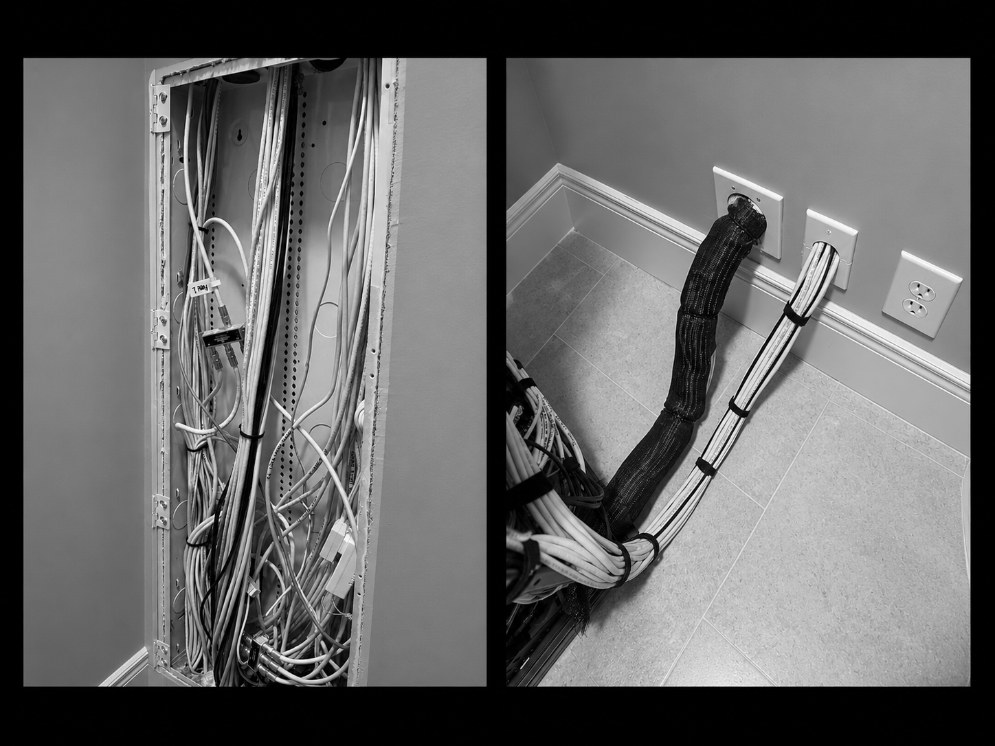 Black and white photos of a network or electrical panel with multiple cables and wires, located in an indoor setting with electrical outlets and wiring on the wall.