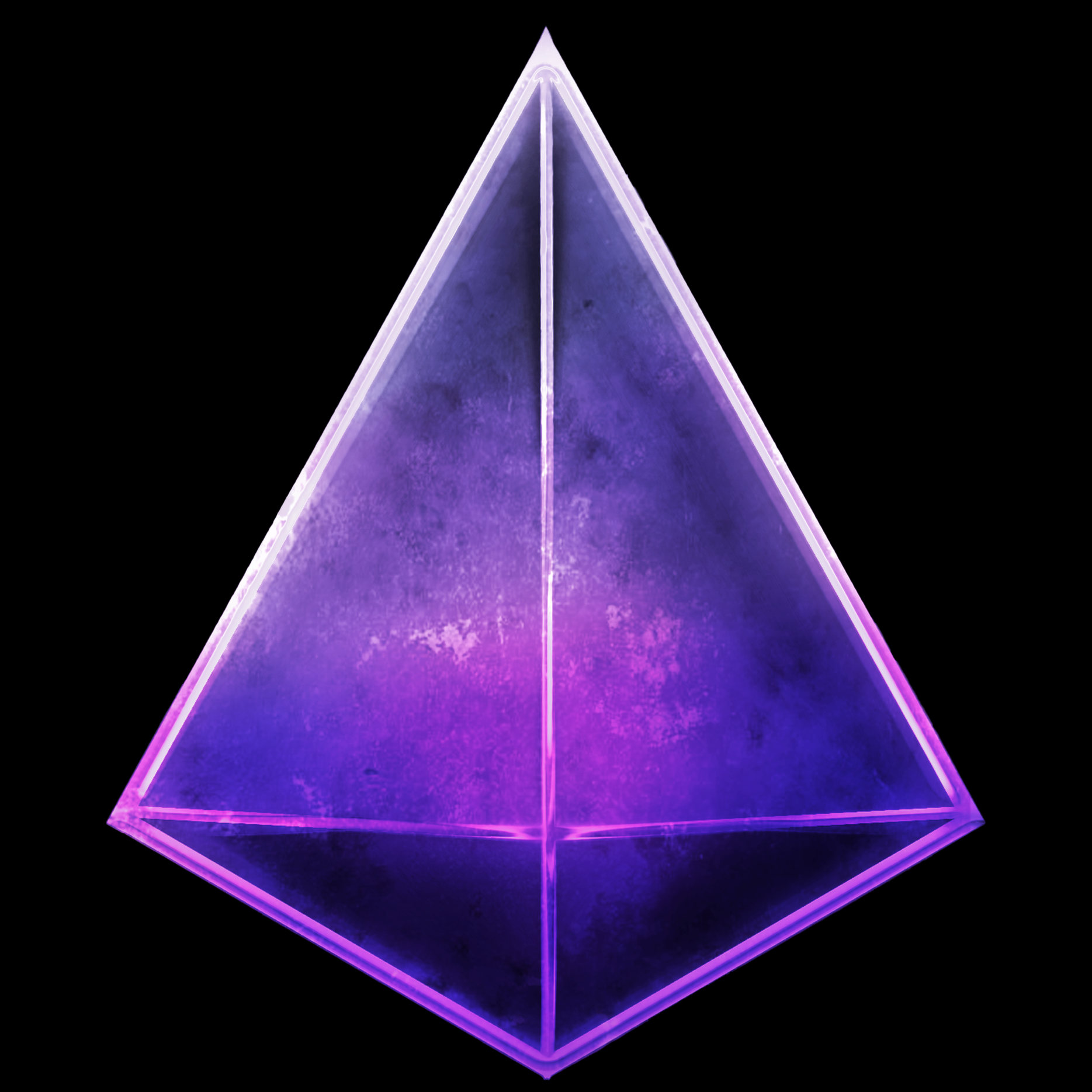 A 3D glowing translucent purple pyramid sculpture with neon edges, placed on a reflective black surface.