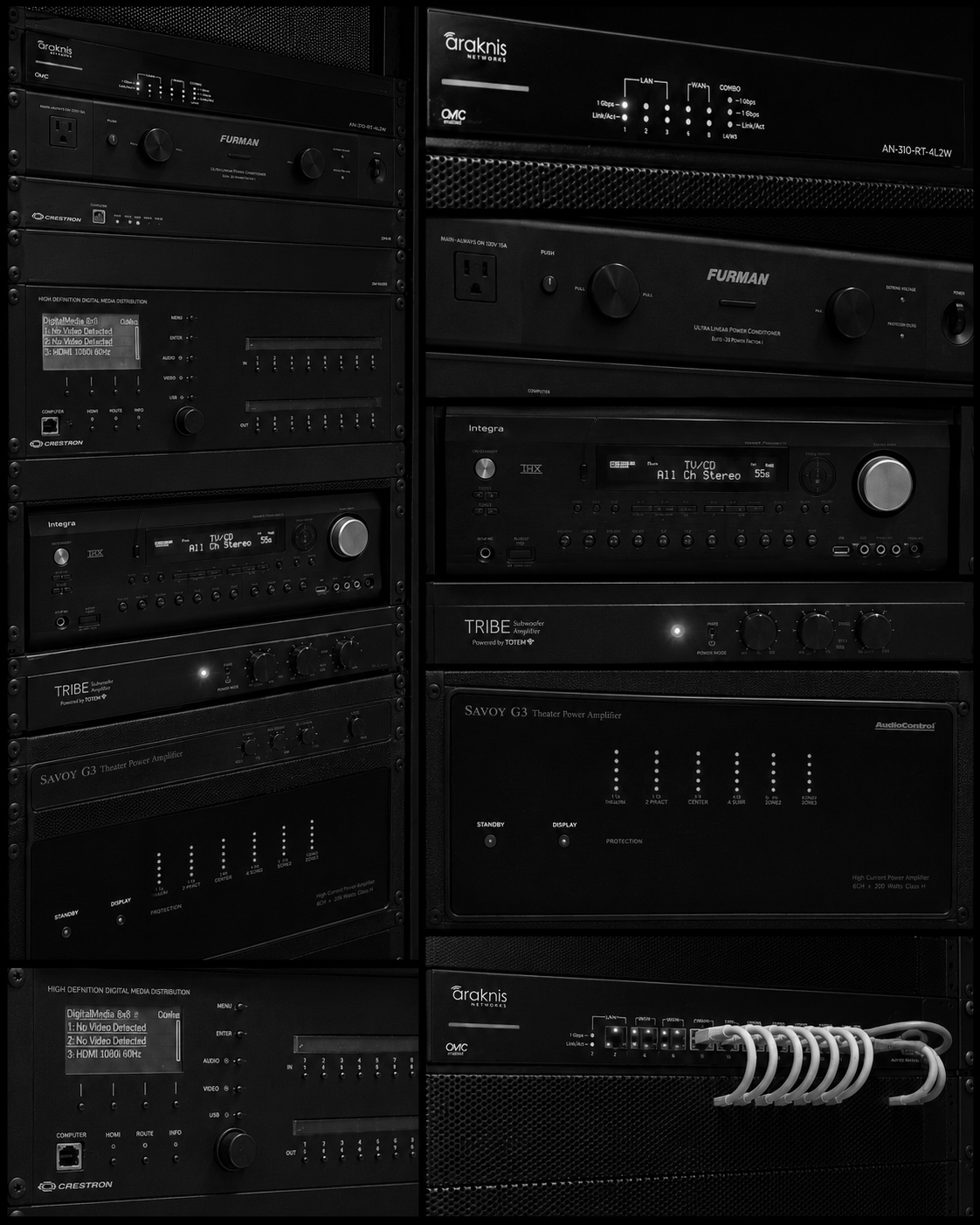 Rack of audio and video equipment including amplifiers, receivers, network switches, and media players in a server room.