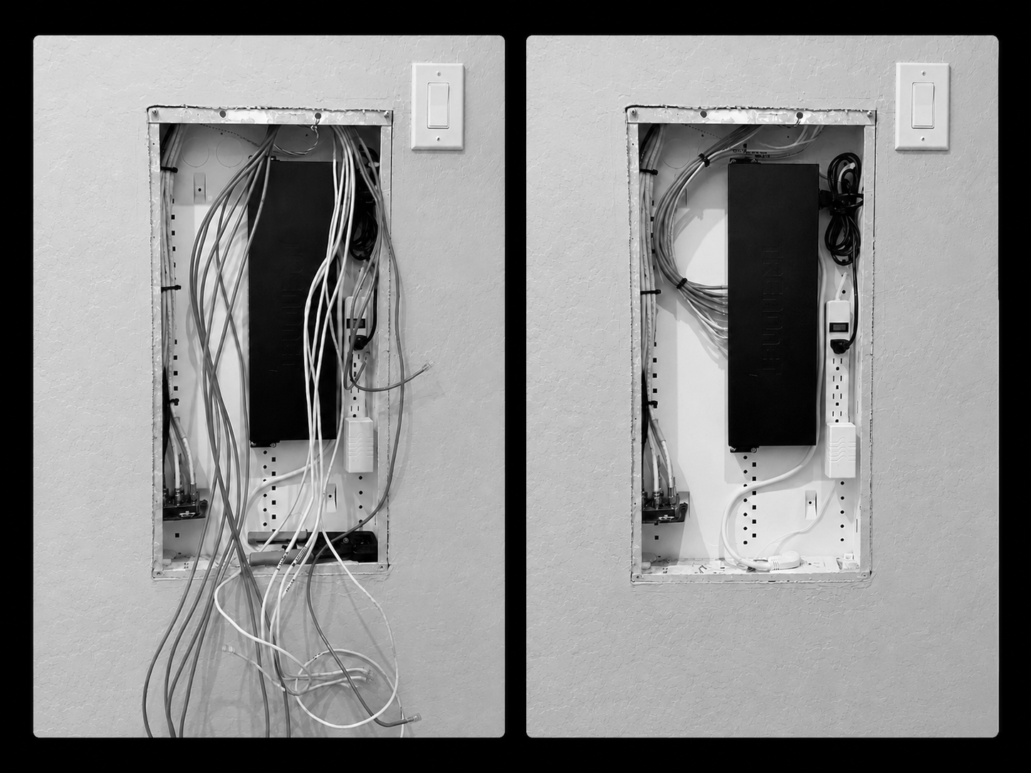 Comparison of an electrical wiring setup before and after cleanup, showing a wall with an electrical panel and numerous wires, with the right side organized and the left side messy.
