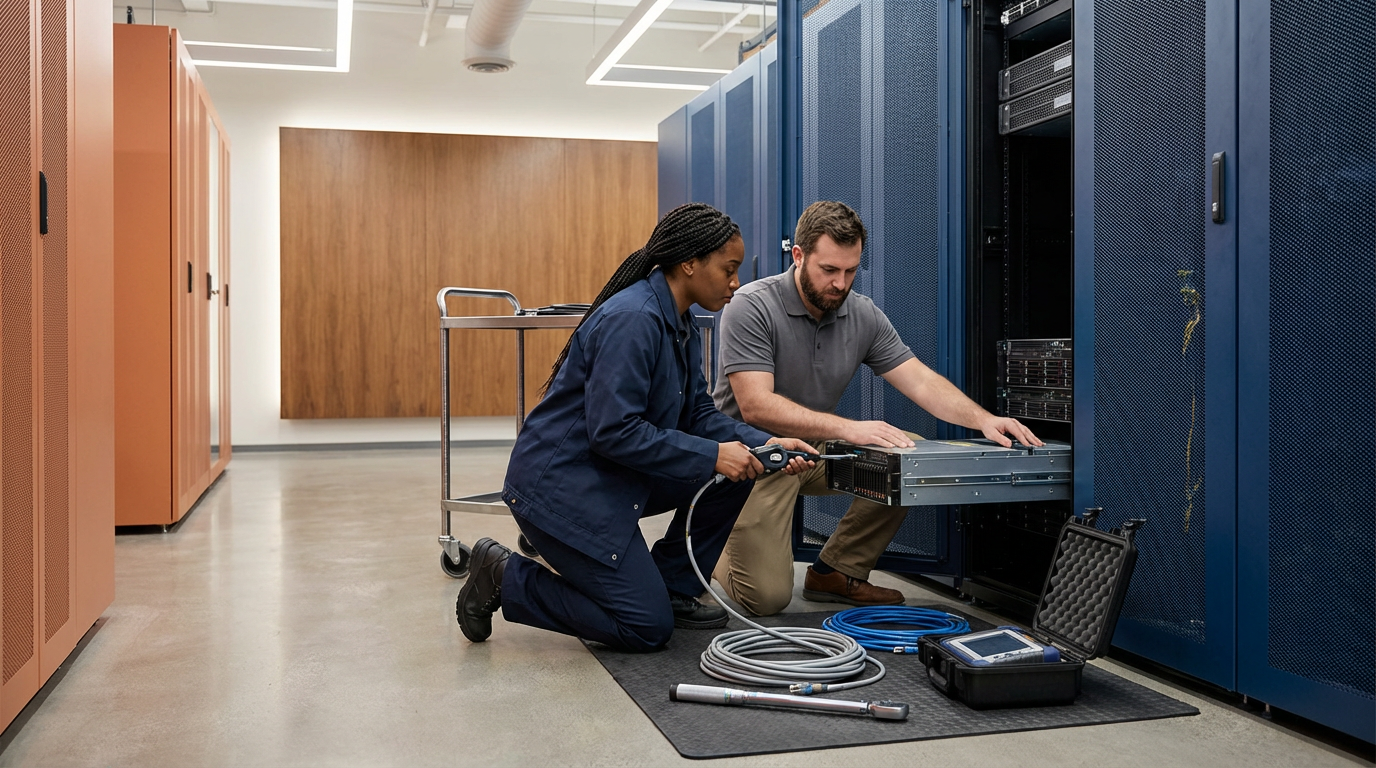 Two technicians working on a server in a data center with orange and blue server racks.