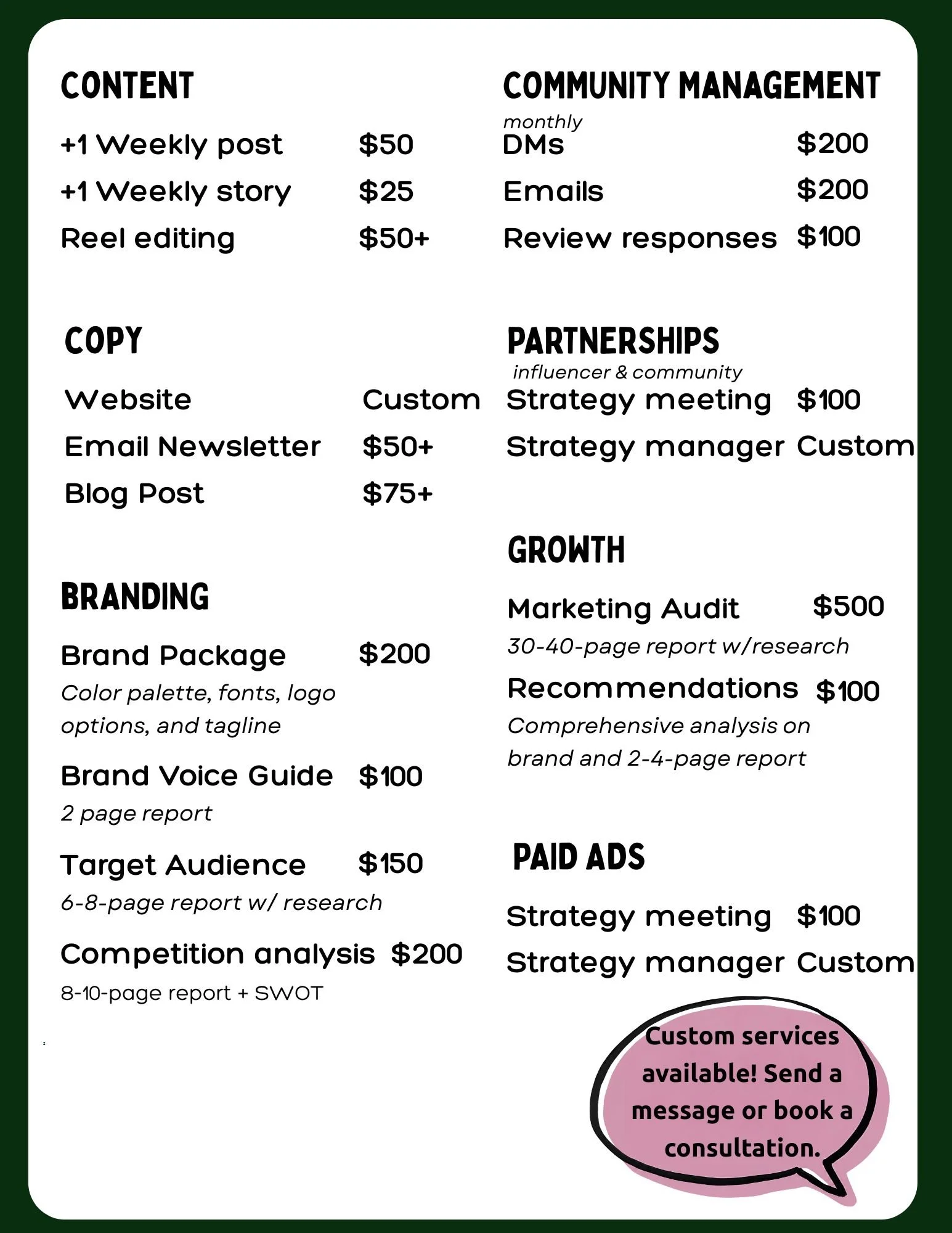 A marketing service price list with sections for content, copy, branding, community management, partnerships, and growth, listing various services and prices.