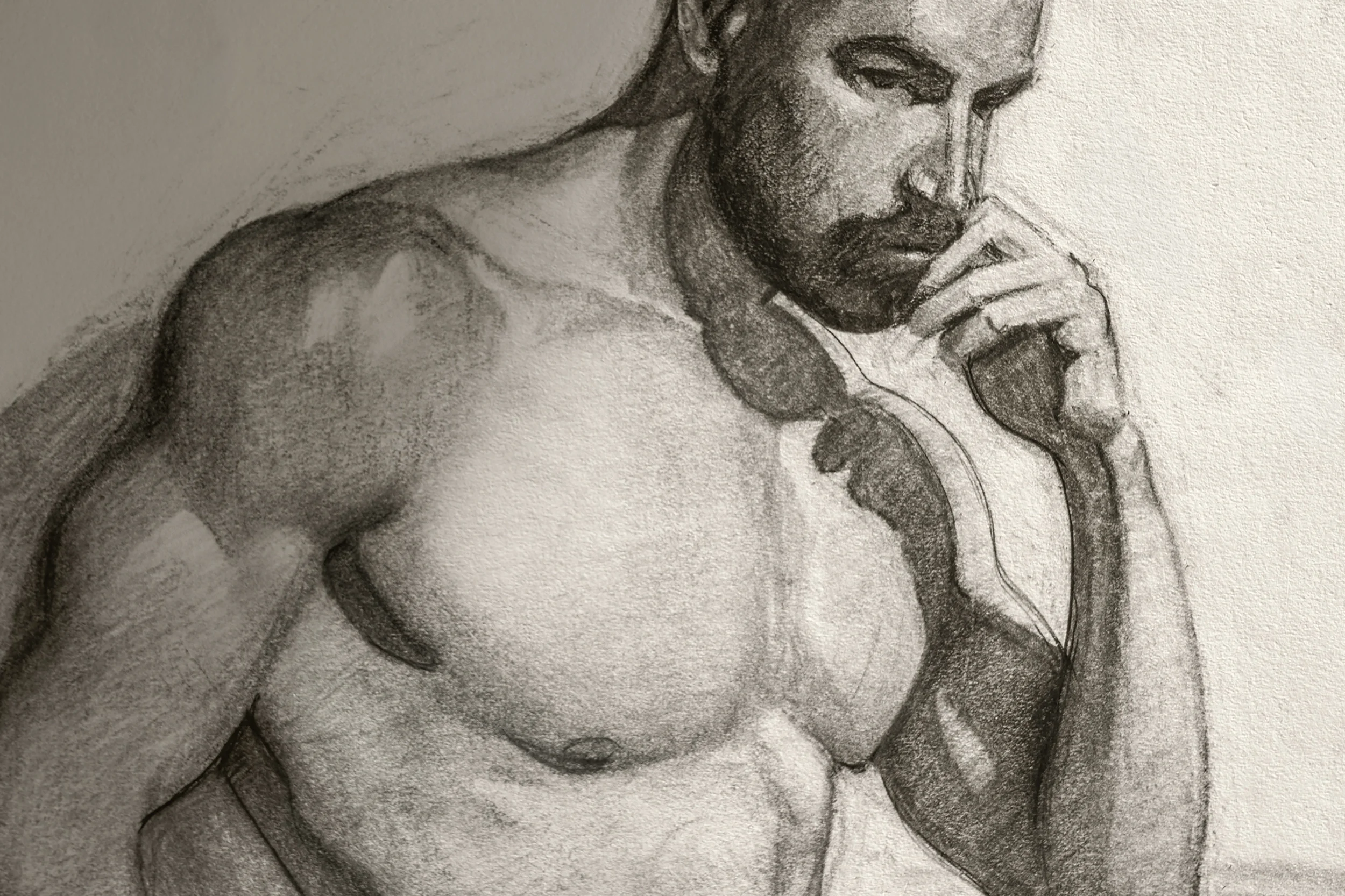 Charcoal drawing (detail) by Alan Pepin, Yoni Kneeling Pose, 2024. Charcoal on Paper, 18 × 24 in.