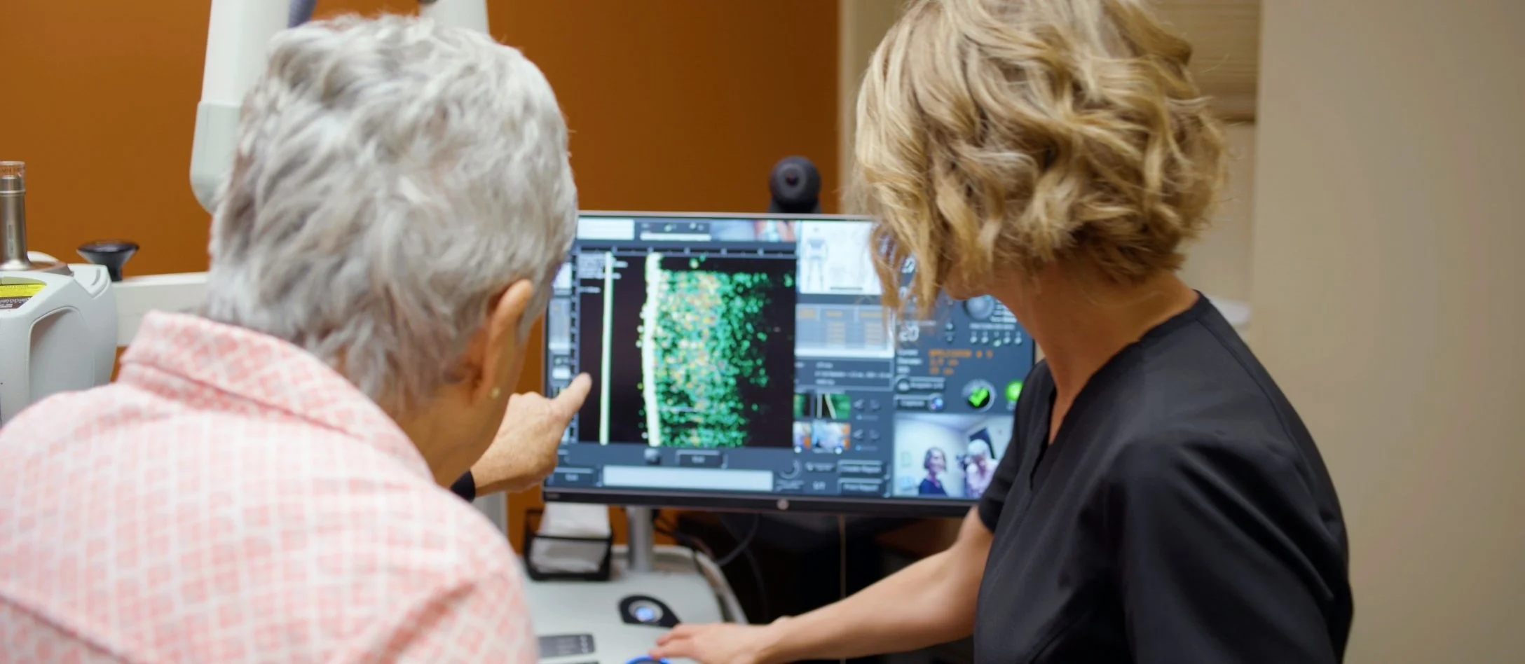 Elderly woman pointing at screen char with doctor