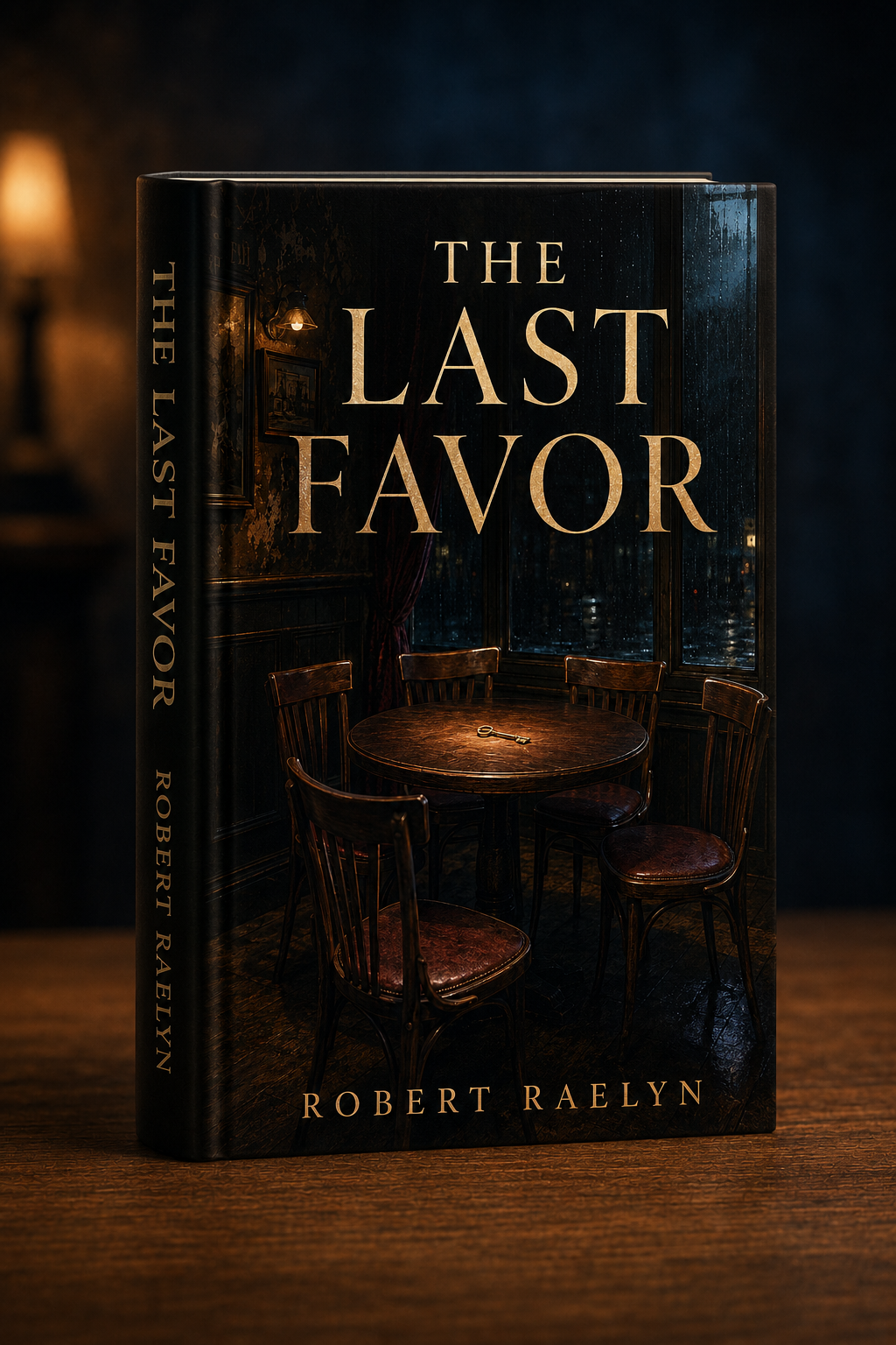 Book titled 'The Last Favor' by Robert Raelyn with cover image of a dimly lit room featuring a wooden table, five chairs, a key, a window, and framed pictures.