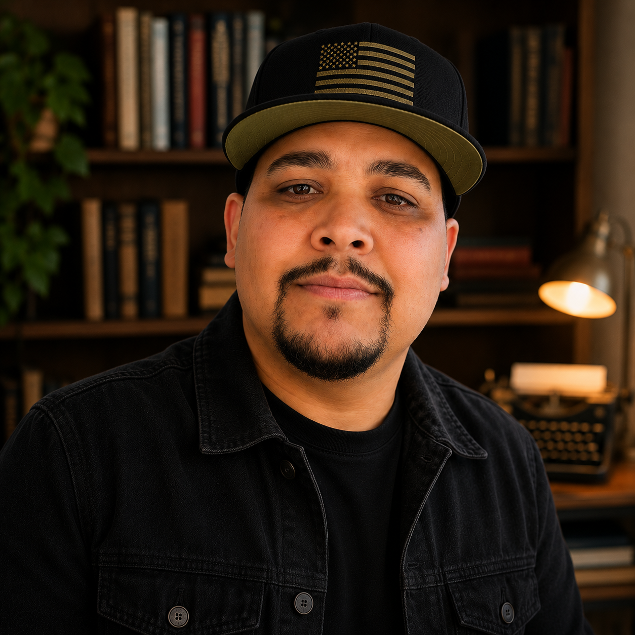 Close-up portrait of a man with a goatee wearing a black cap with an American flag design and a black jacket, sitting in a room with bookshelves and a typewriter in the background.