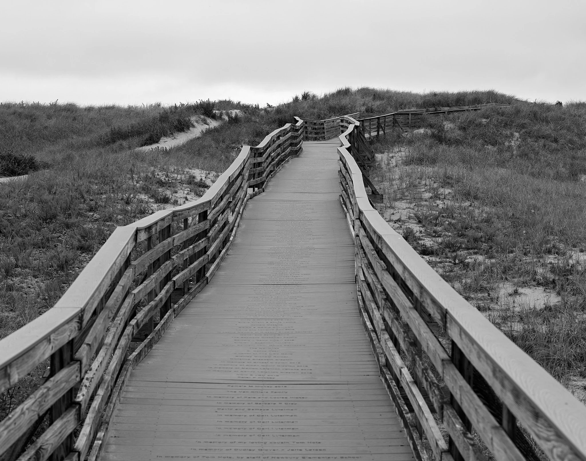 A wooden walkway leading over sandy dunes covered with grass, with a cloudy sky above.