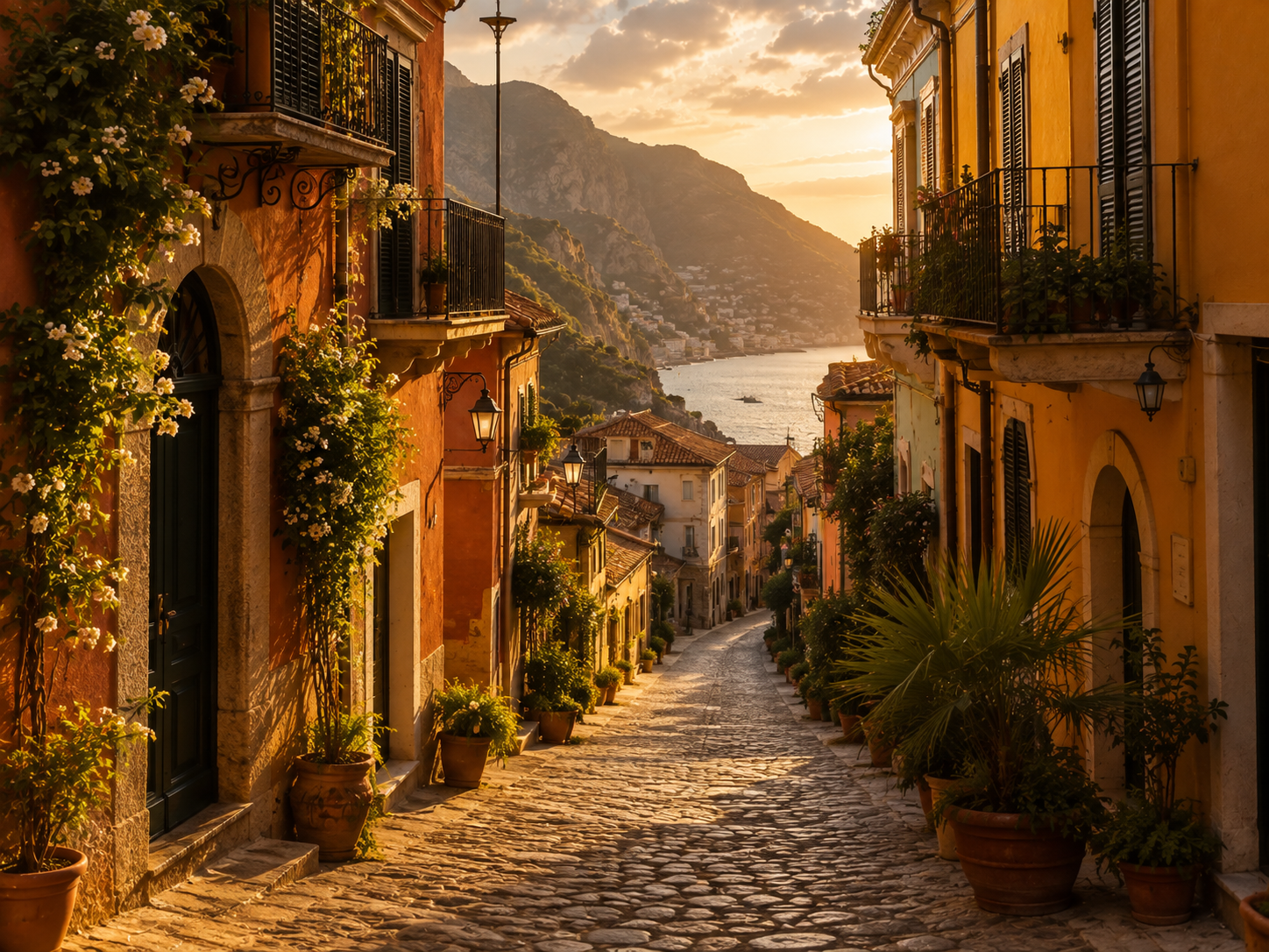A cobblestone street in a seaside village during sunset, lined with colorful buildings decorated with flower pots and balconies, overlooking a body of water with mountains in the distance.