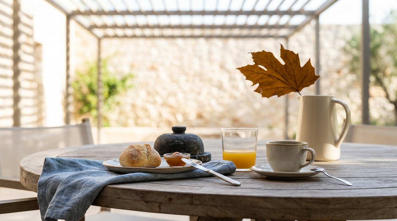 Outdoor wooden table set for breakfast with a croissant, jam, orange juice, a coffee cup, a pitcher with a leaf in it, and a blue napkin, under a metal pergola in a garden.