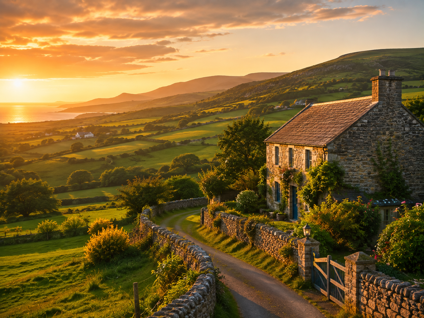 A stone cottage surrounded by lush greenery and flowers, situated along a curved stone wall, with a scenic view of rolling green hills and a sunset in the background.