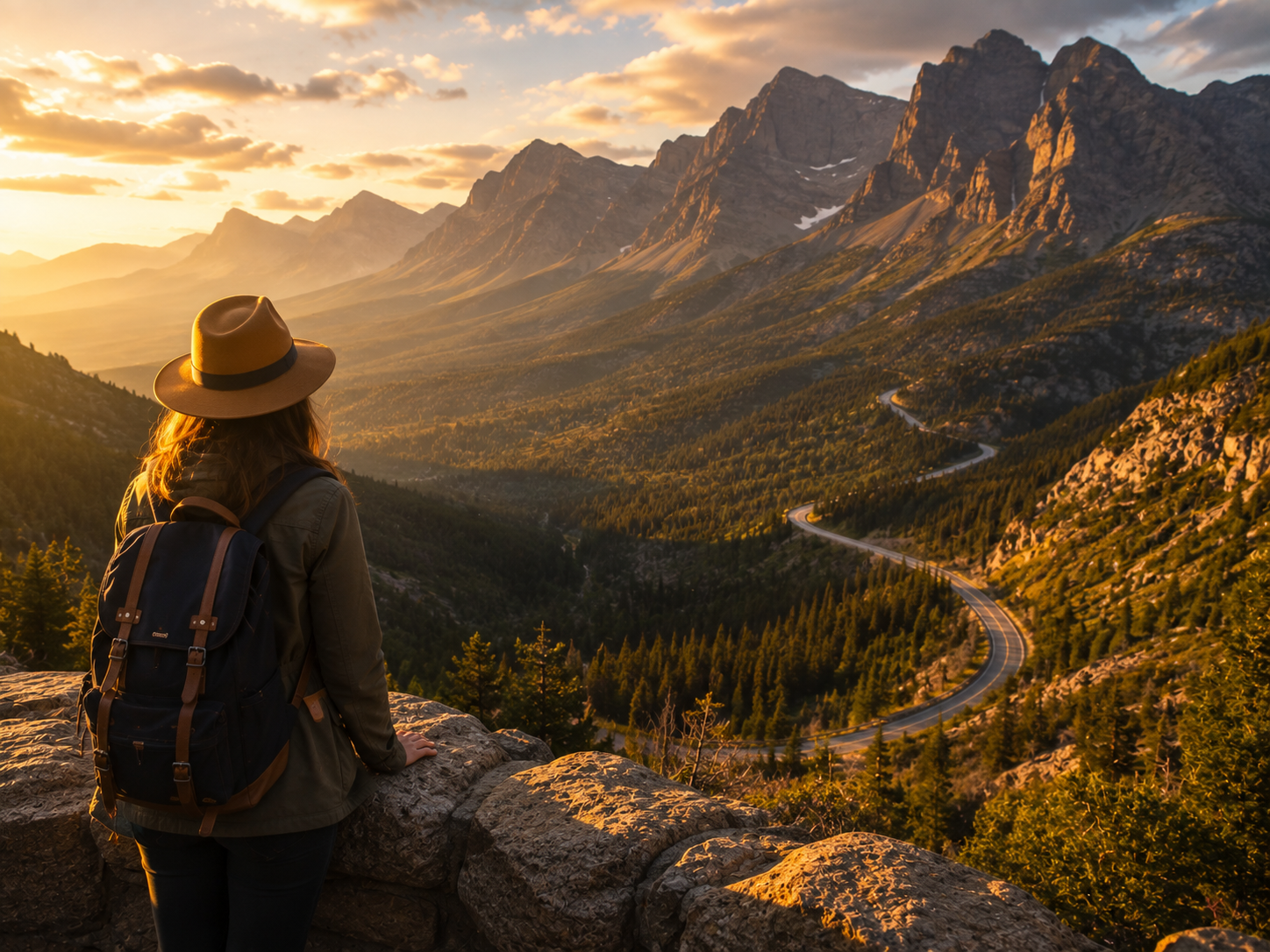 A woman with a backpack and hat looking at a mountain landscape during sunset, with a winding road through a forested valley.