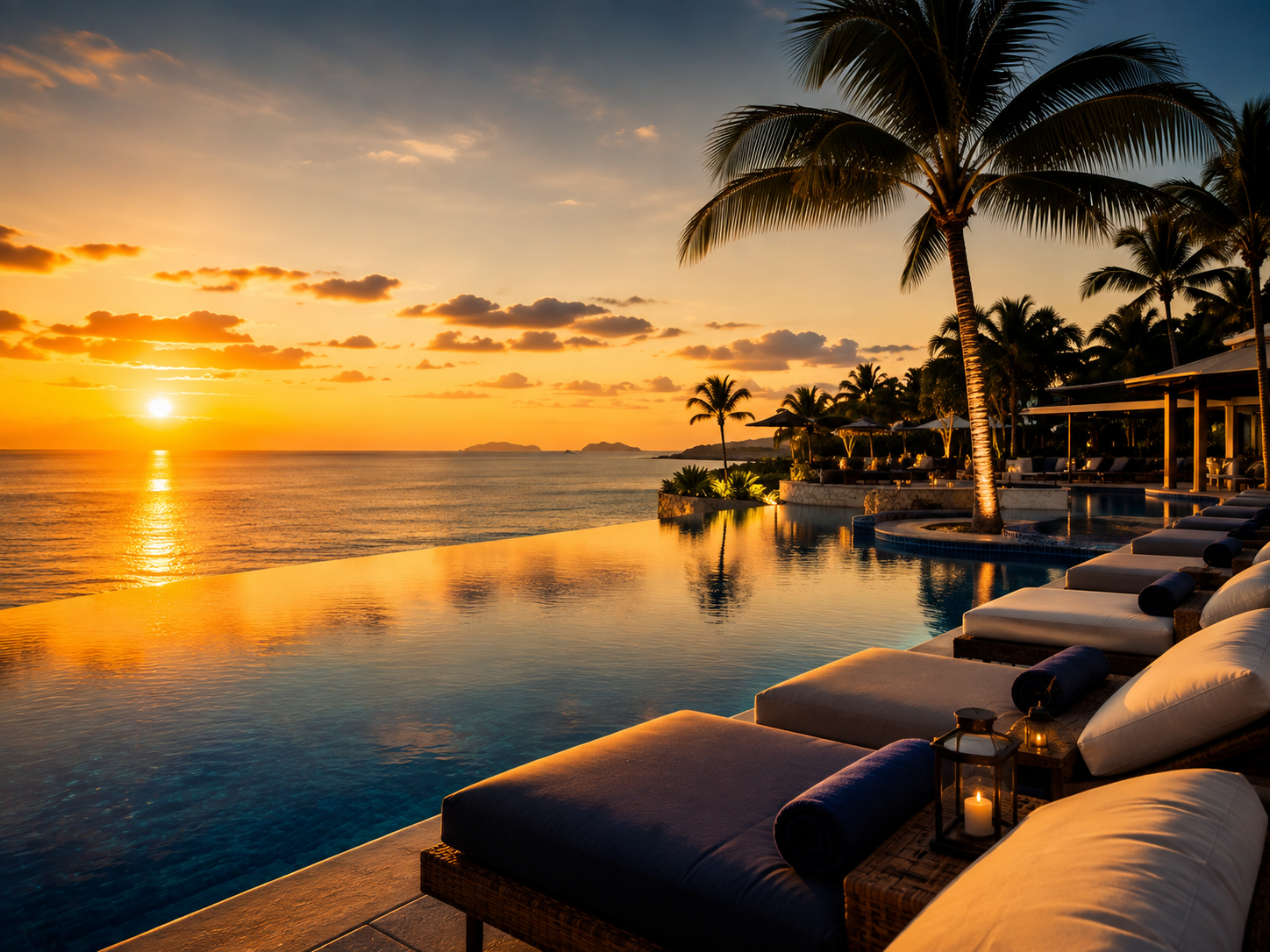 A sunset view over the ocean from a luxurious poolside area with palm trees, lounge chairs, and a lantern with a candle.