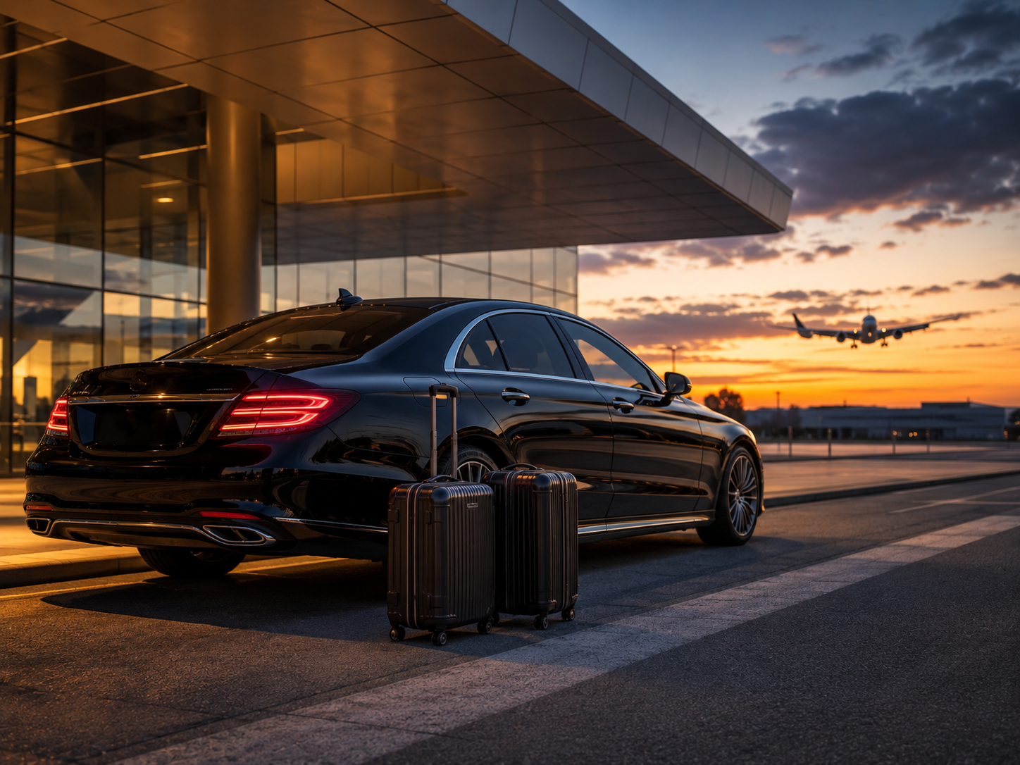 A black luxury sedan parked at an airport terminal during sunset, with two suitcases beside it and an airplane flying in the sky in the background.