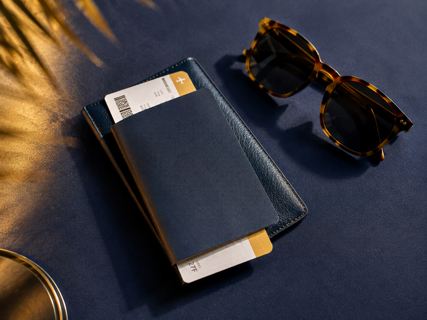A navy leather wallet with an airplane boarding pass and a yellow ticket inside, paired with tortoiseshell sunglasses on a dark blue surface.
