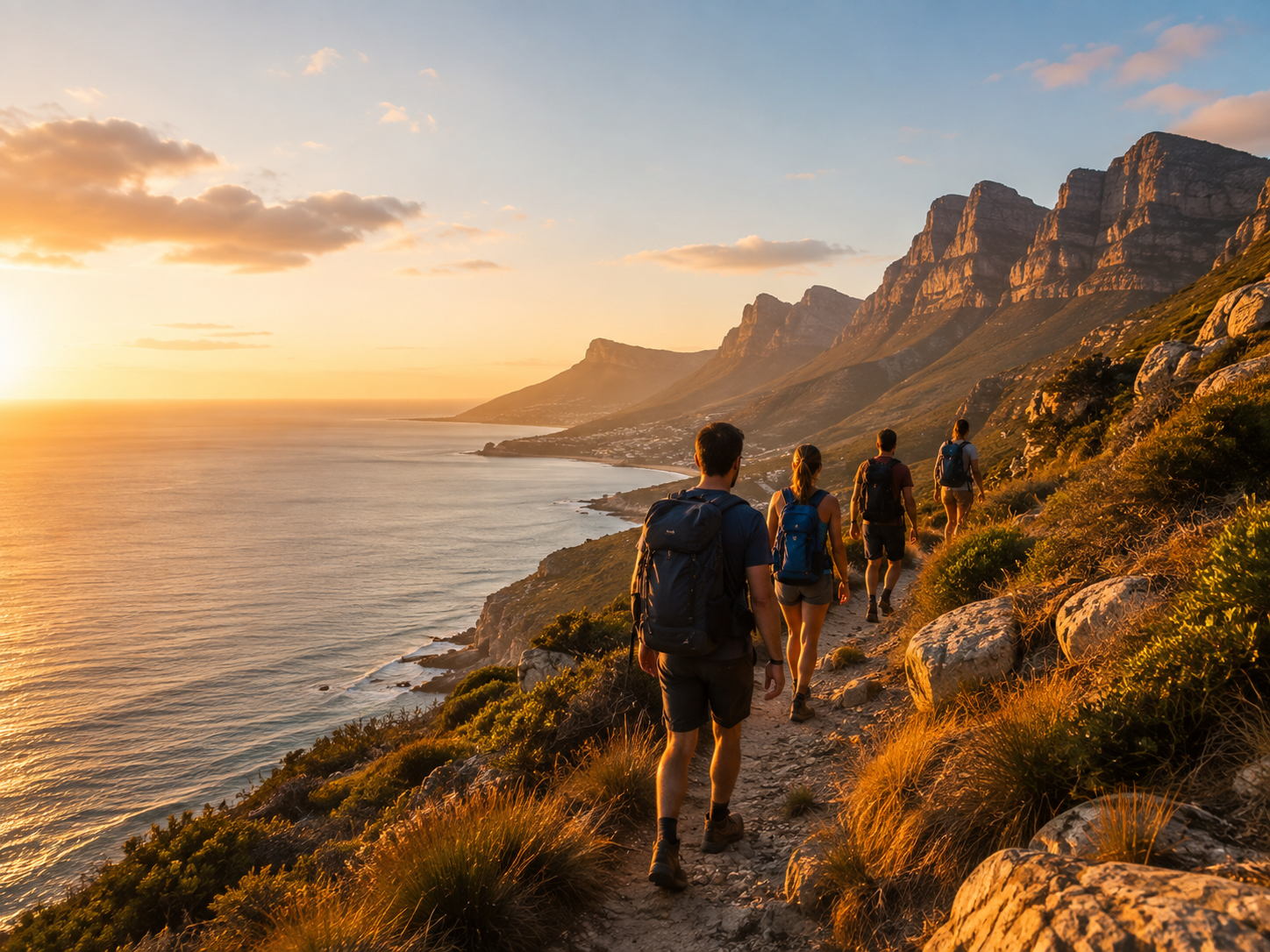 A group of four hikers walking along a coastal trail at sunset, with mountains in the background and the ocean on the left.