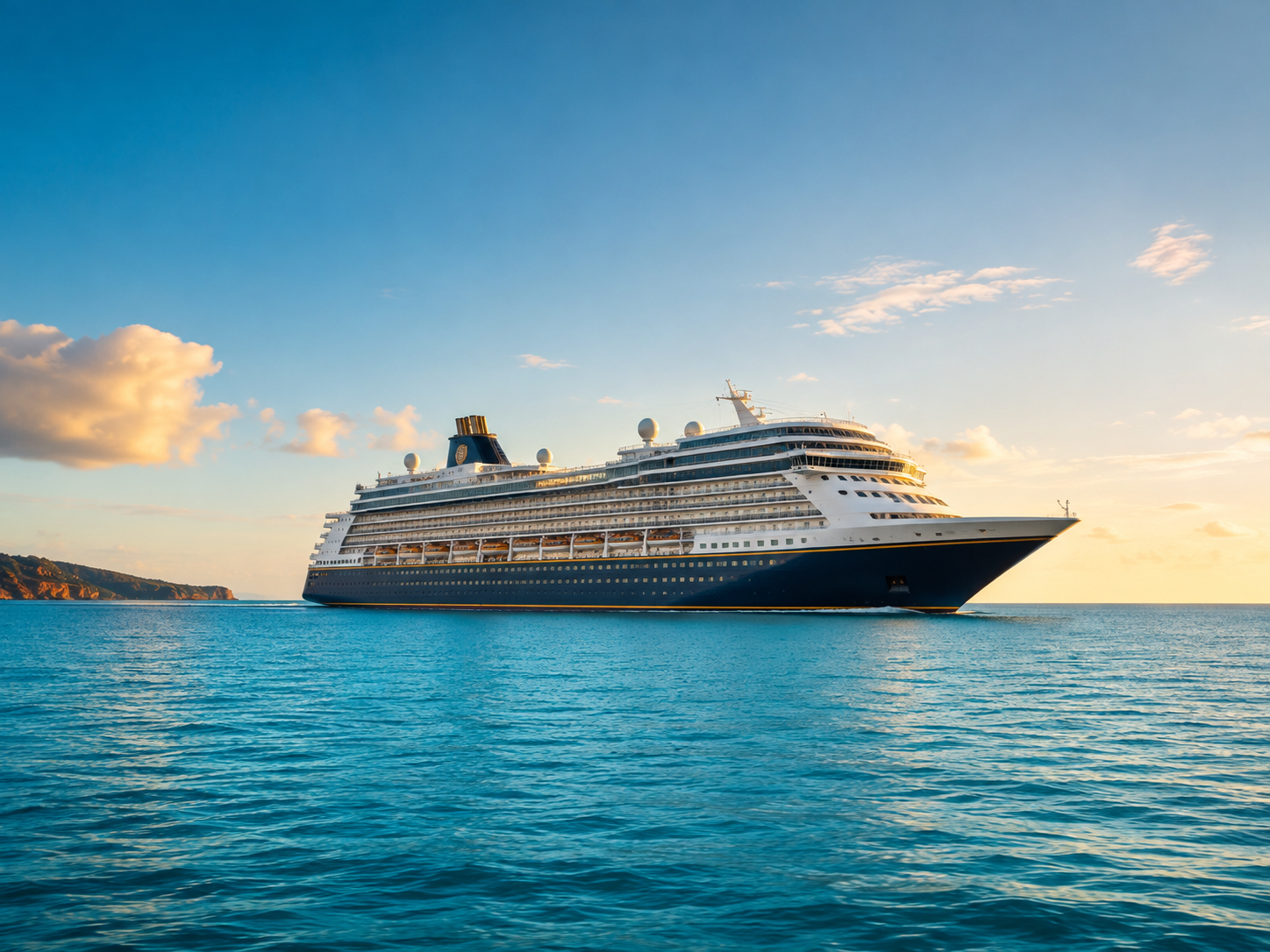 A large cruise ship sailing on calm ocean waters during sunset
