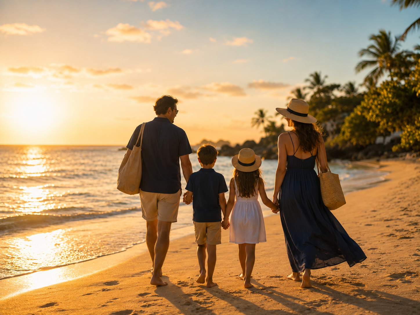 A family of four walking hand-in-hand along the beach at sunset, with palm trees and rocks in the background.