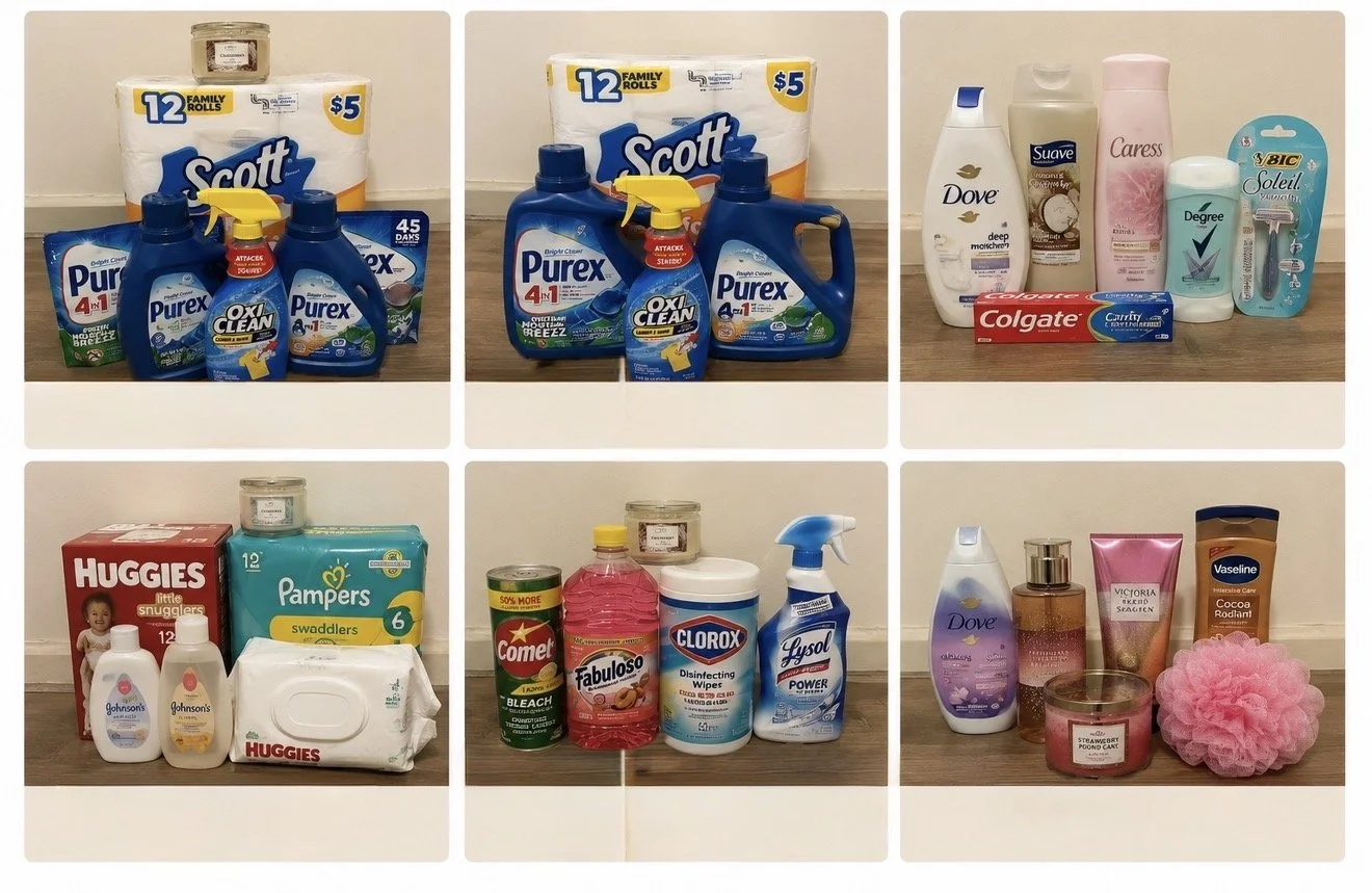 Collection of personal care and household cleaning products arranged in six groups.