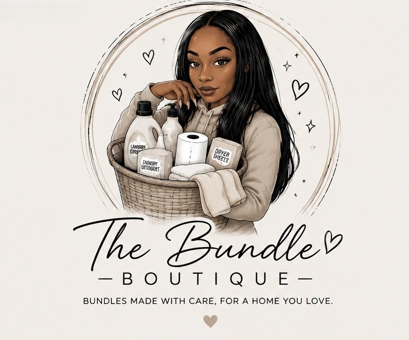 Illustration of a woman with long black hair holding a basket filled with household items like cleaning products, paper towels, and dryer sheets, with a decorative circular background and hearts. The text reads "The Bundle Boutique" and "Bundles made with care, for a home you love."