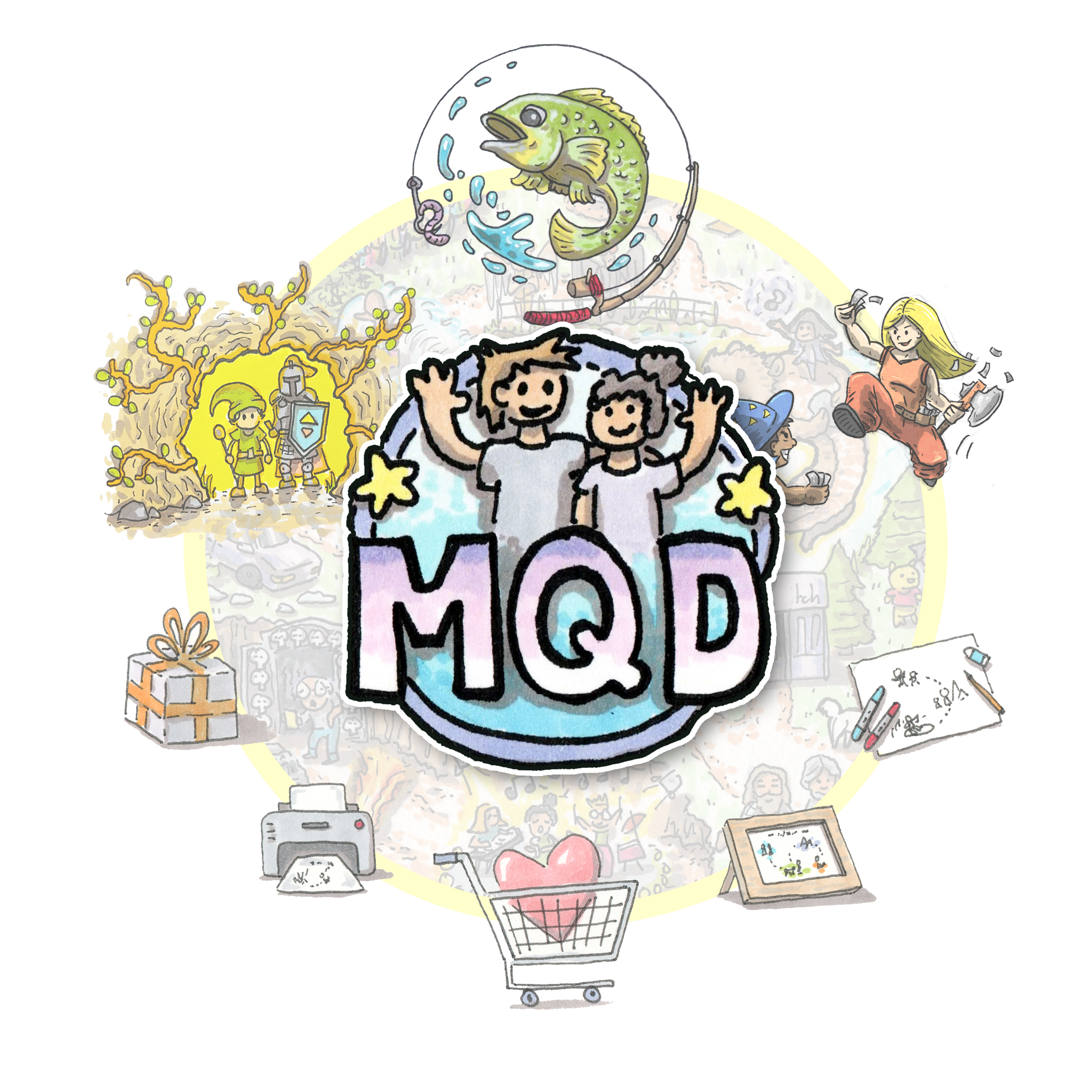 Hand-drawn MindQuest studio logo surrounded by tabletop games and creative products