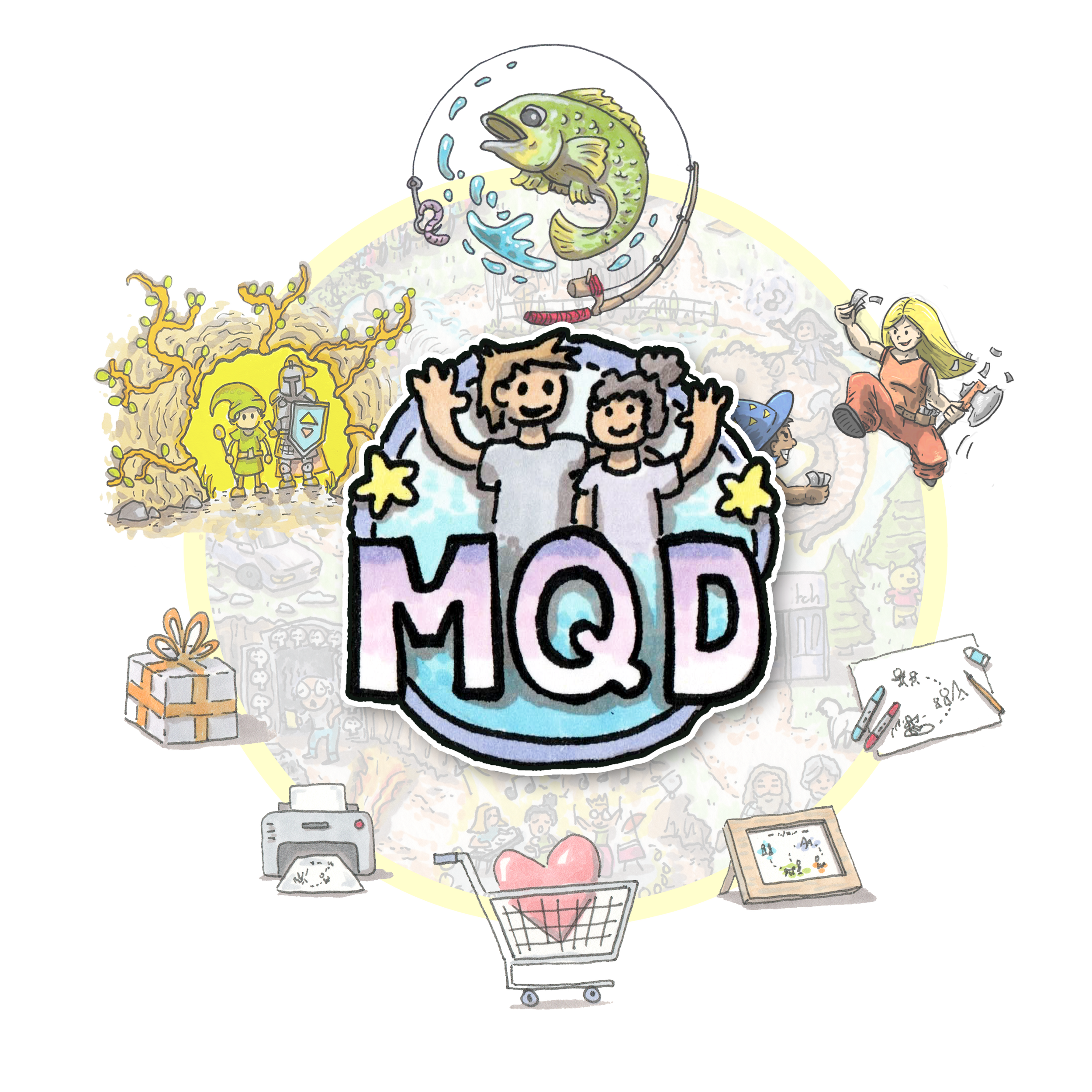 Hand-drawn MindQuest studio illustration surrounded by playful tabletop game characters