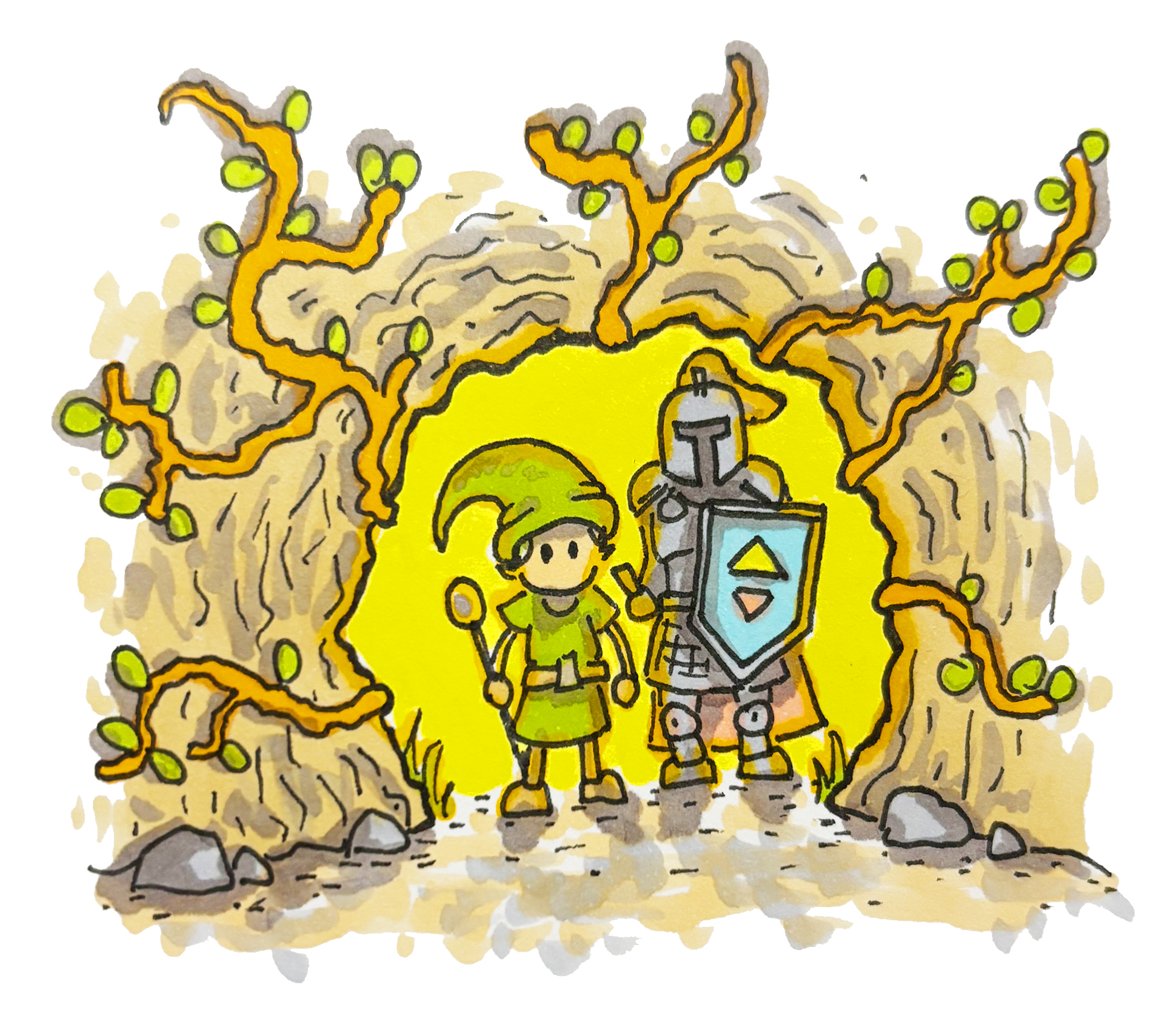 Hand-drawn fantasy heroes beginning a tabletop role-playing adventure