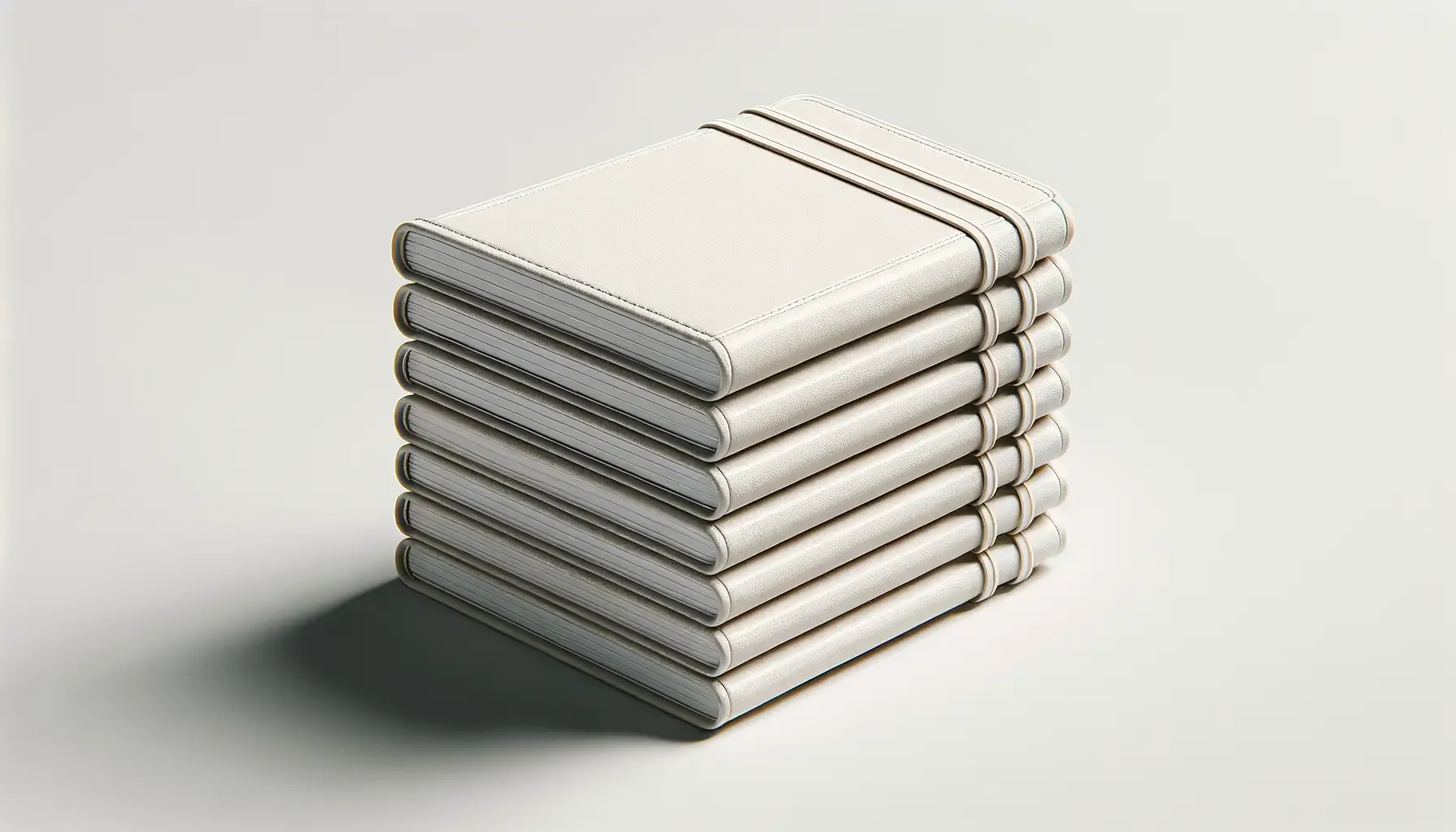 Stack of nine white notebooks with elastic bands on a plain white surface.
