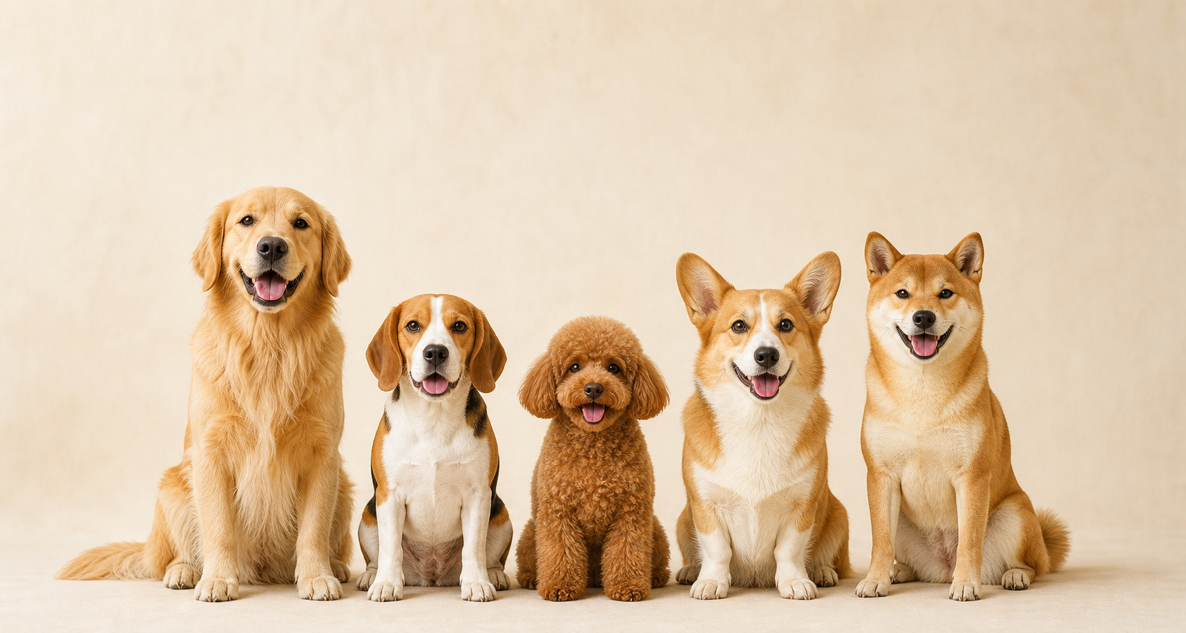 A group of five happy dogs sitting side by side against a plain background.