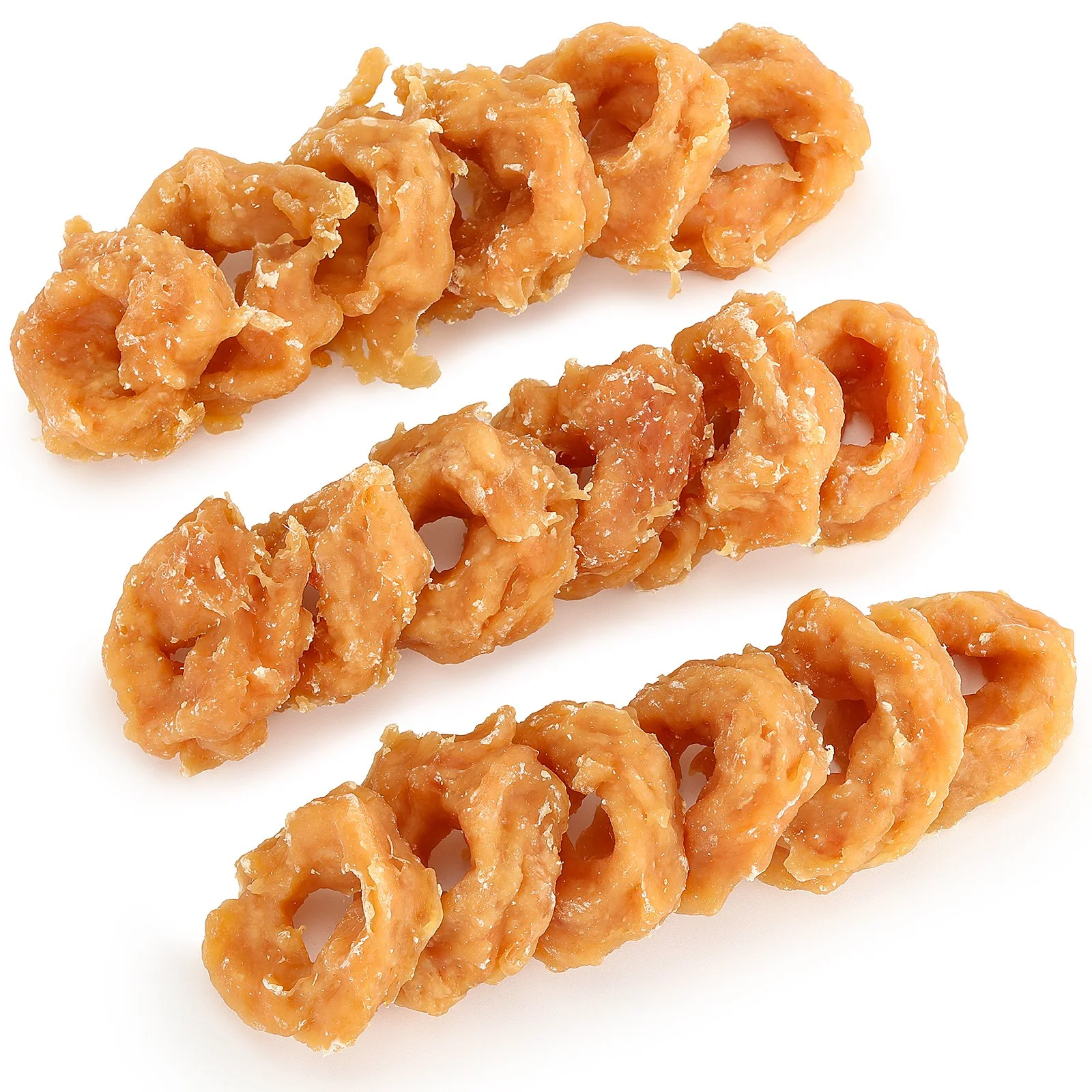 Close-up of battered fried calamari rings on a white background.