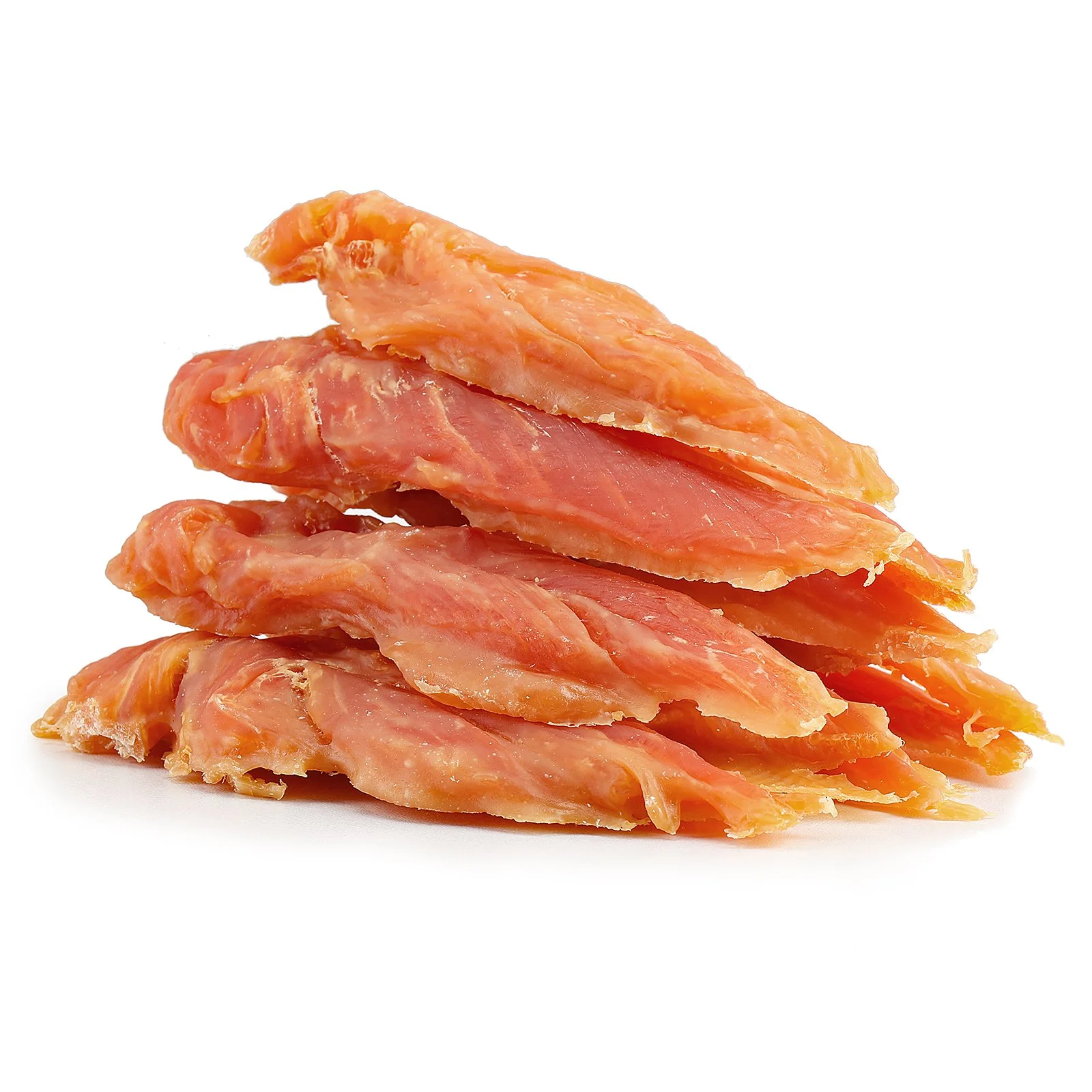 Stack of raw salmon fillets isolated on white background.