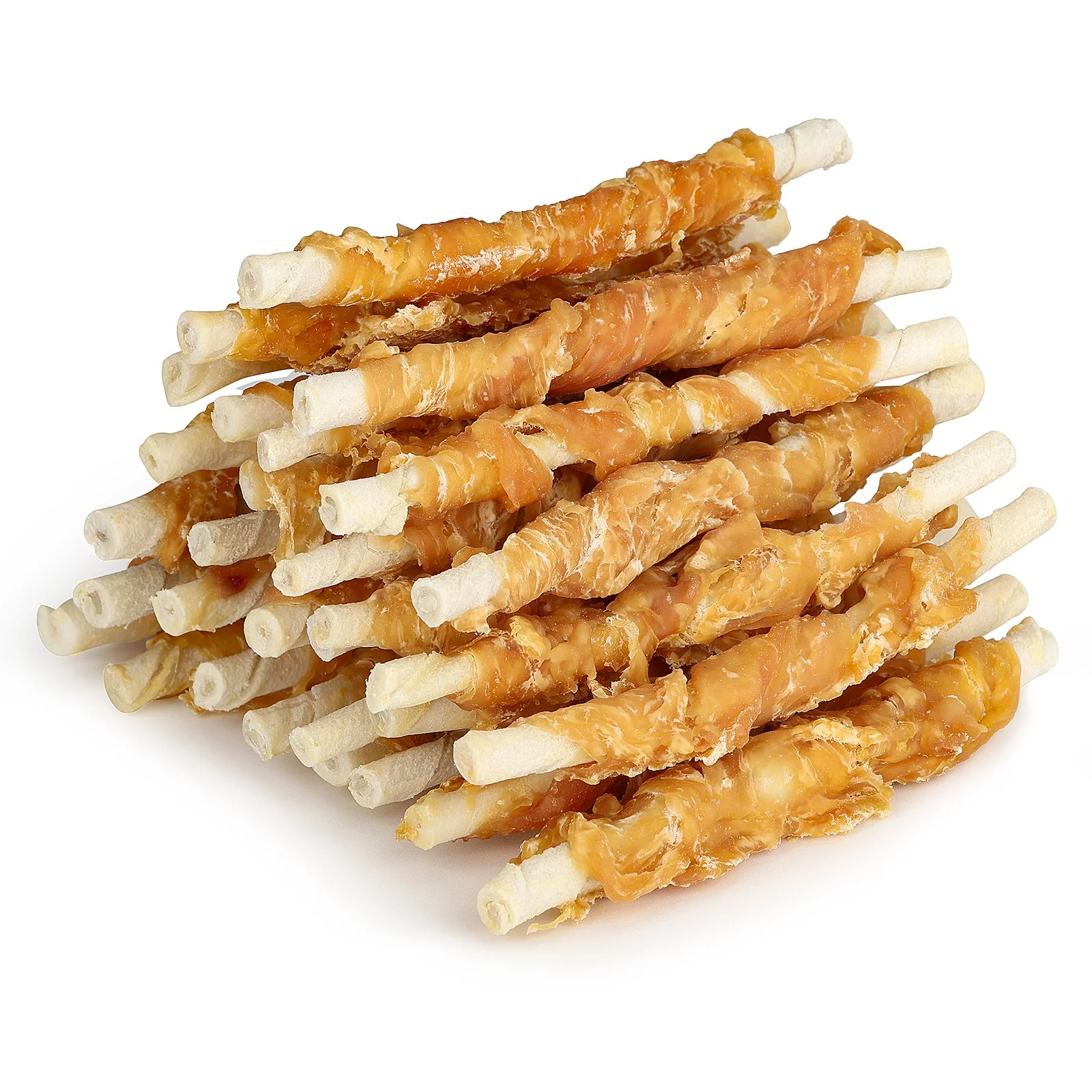 A stack of cheese sticks coated in melted cheese on a white background.