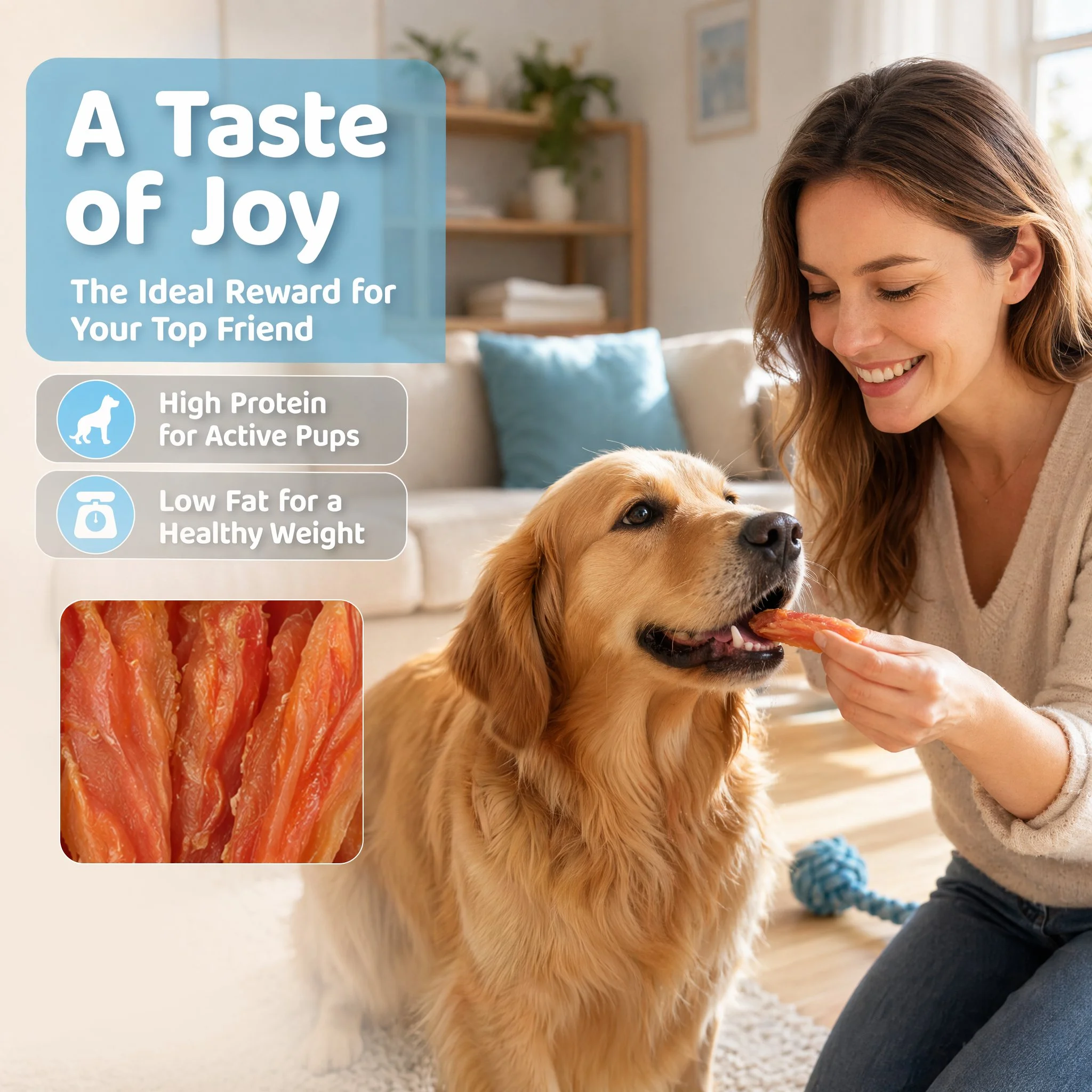 A woman with brown hair smiling while giving a golden retriever dog a treat in a bright living room with a blue pillow and potted plants.