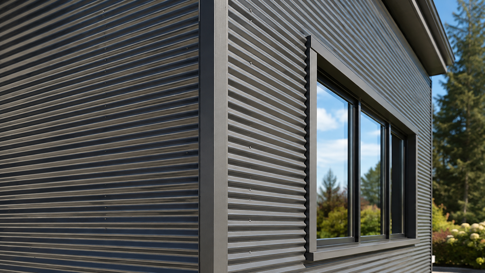 Close-up of modern building exterior with horizontal metal siding and a window reflecting trees and sky.