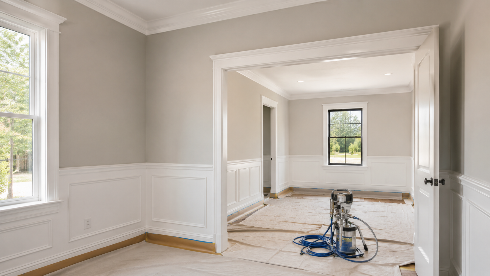 Empty room during renovation with white walls, crown molding, large windows, and a floor covered with protective paper. There is renovation equipment on the floor.
