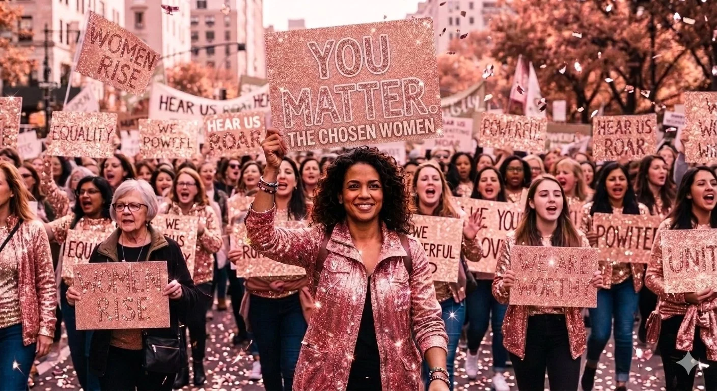 Large group of women protesting in an outdoor city square, holding signs that read "Women Rise," "You Matter," and other slogans, with orange trees in the background.