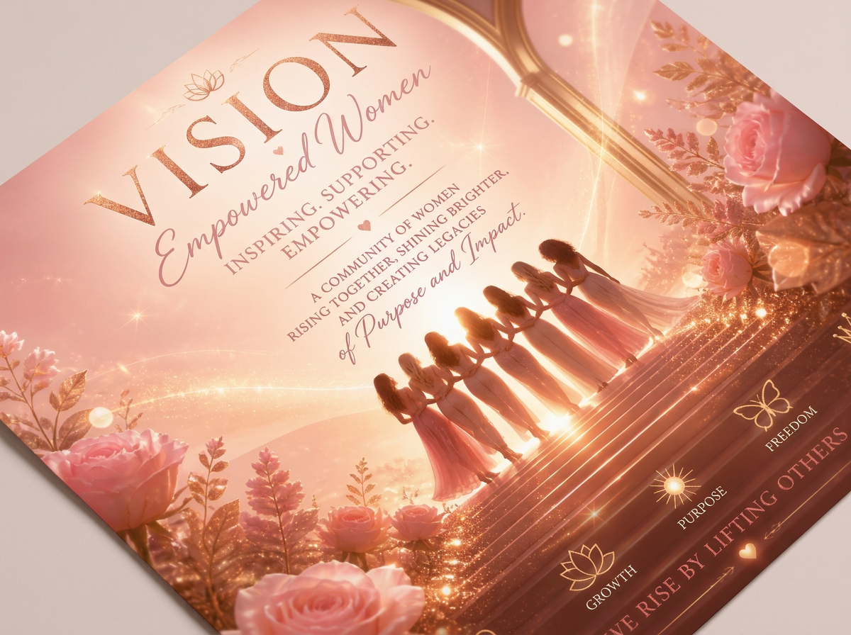 A promotional poster for Vision Empowered Women features a pink and gold color theme. It shows a silhouette of eight women in elegant dresses holding hands on steps, with roses and botanical accents in the foreground. The text emphasizes inspiring, supporting, and empowering women to rise with purpose and legacy, highlighting growth, purpose, freedom, and community.