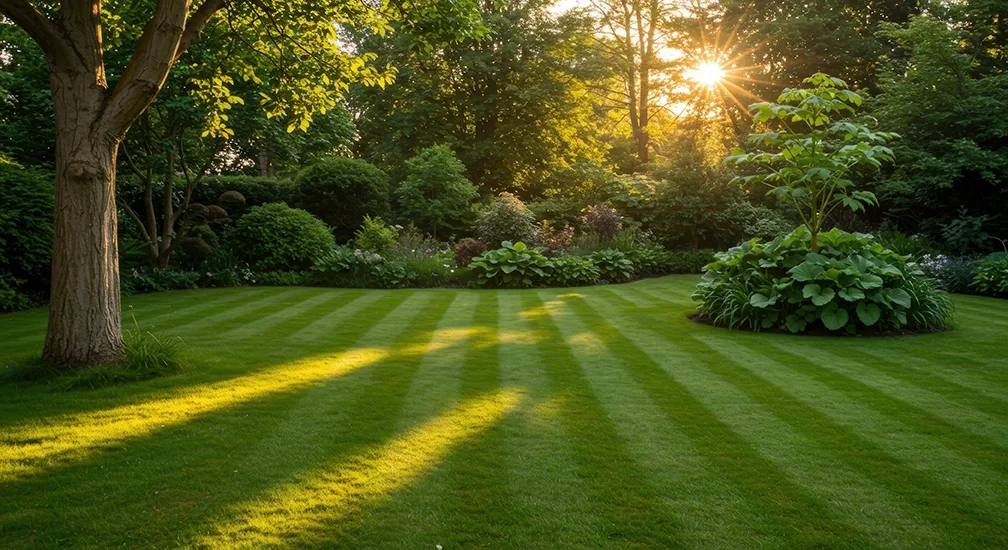 A lush green garden with a manicured lawn, trees, and various shrubs. The sun is setting, casting golden light and long shadows on the grass.