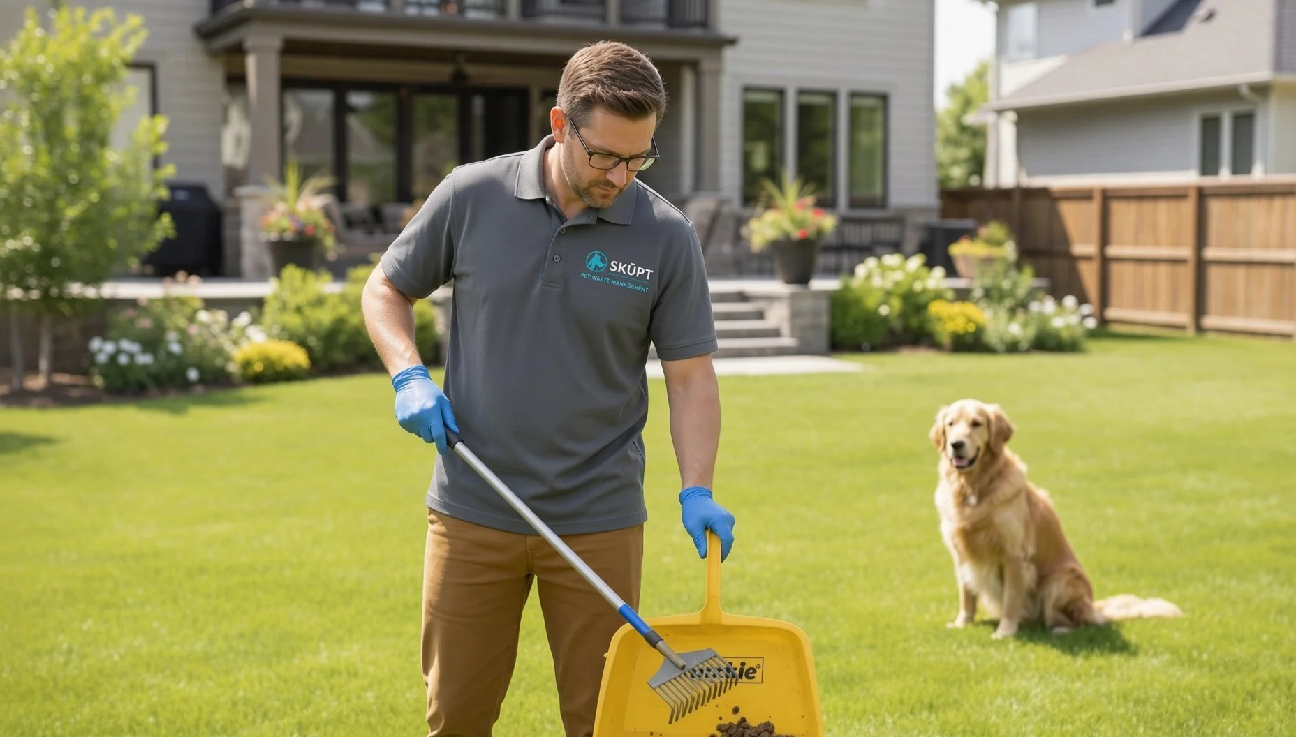 A man is cleaning up dog waste in a backyard with a yellow scoop. He is wearing glasses, a gray polo shirt with a logo that reads 'SKUPT Pet Waste Management,' and blue gloves. There is a Golden Retriever sitting on the grass behind him. The backyard has green grass, bushes, and a house with steps leading to a porch in the background.