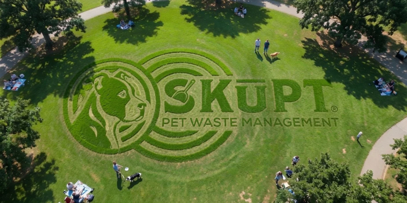 A large grass area with a sculpture of a lion's head and the words 'SKUPT PET WASTE MANAGEMENT' in the grass, surrounded by trees and people walking and sitting.