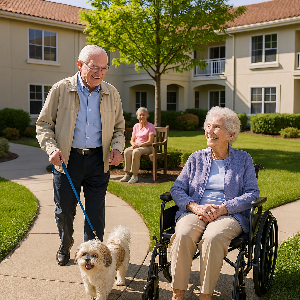 An elderly woman in a wheelchair smiling and sitting outside on a sidewalk while a man walks her small dog. A woman sits on a bench in the background, and there is a green lawn and apartment building.