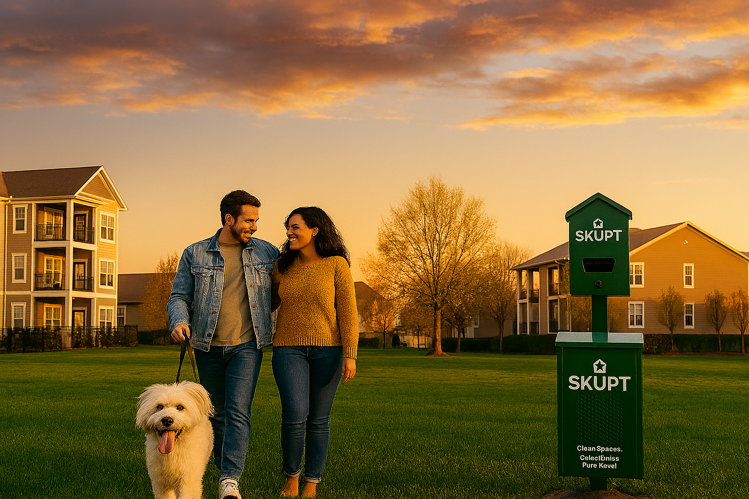 A young couple walking on a grassy park at sunset, smiling and looking at each other, with a fluffy white dog on a leash. There are residential buildings and leafless trees in the background, and a green neighborhood trash bin labeled 'SKUPT' is nearby.
